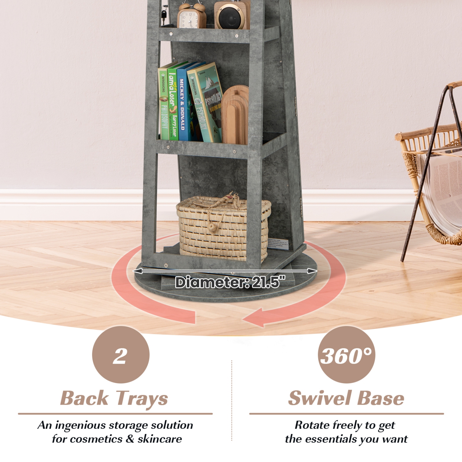 Gymax 360° Rotating Mirrored Jewelry Cabinet Armoire 3 Color LED Modes Lockable