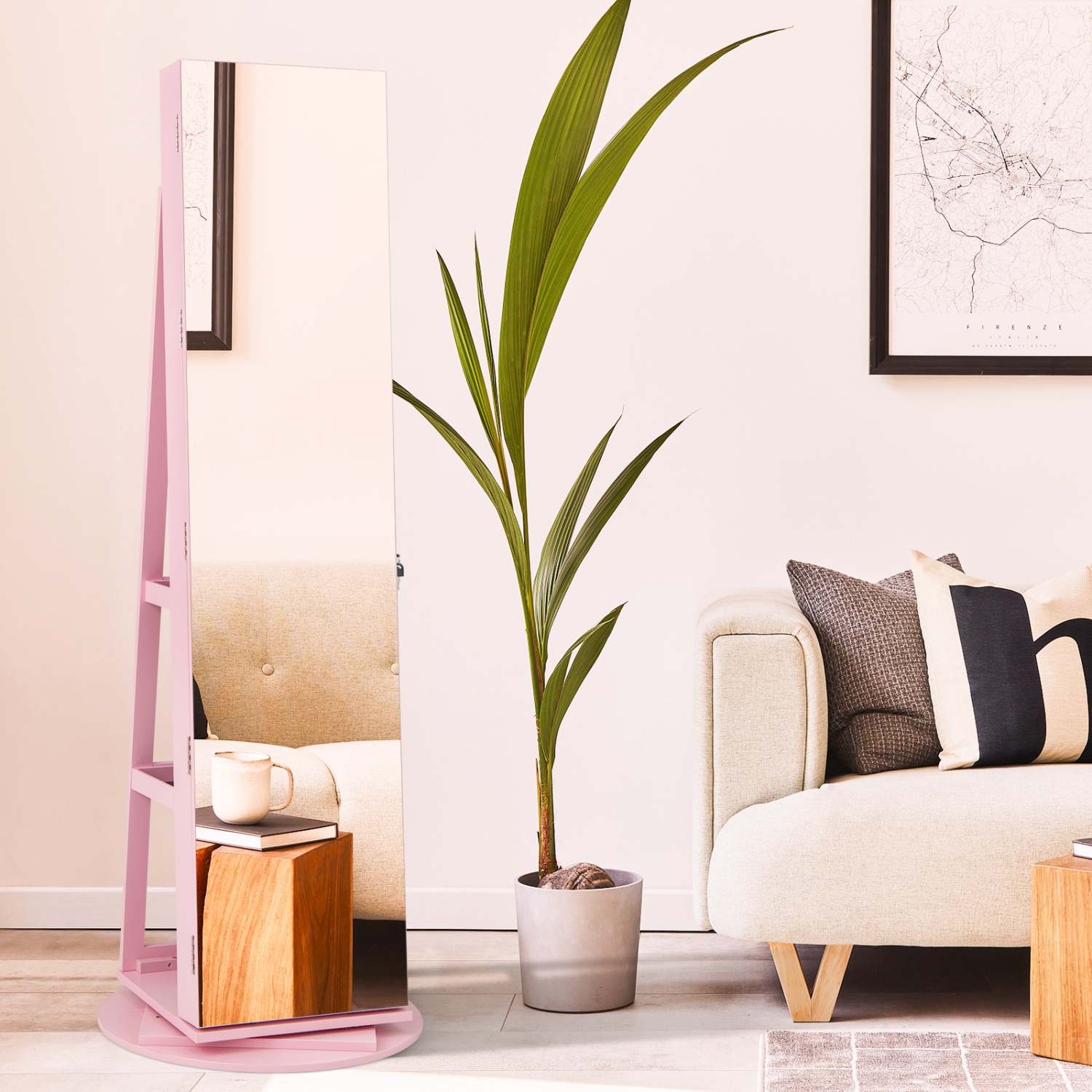 Gymax 360° Rotating Mirrored Jewelry Cabinet Armoire 3 Color LED Modes Lockable