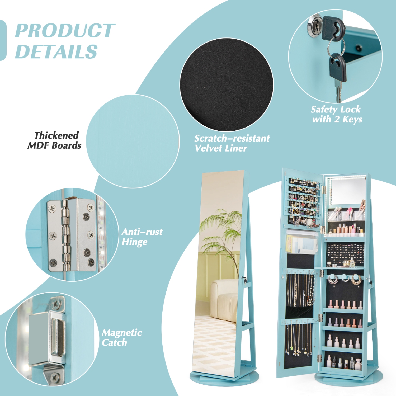 Gymax 360° Rotating Mirrored Jewelry Cabinet Armoire 3 Color LED Modes Lockable