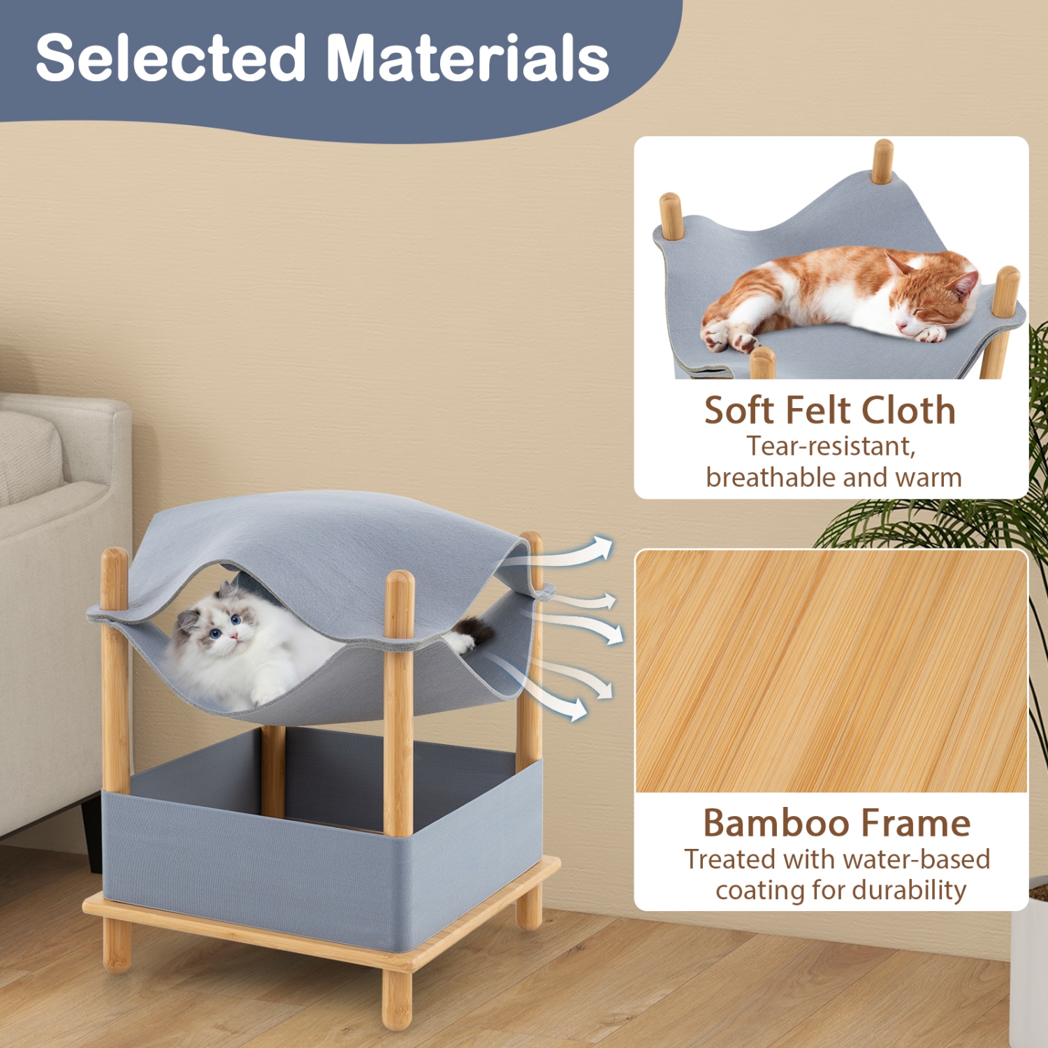 Gymax 2-Tier Elevated Cat Bed Cat Tower w/ Dual-Layer Felt Fabric Top Condo Hammock