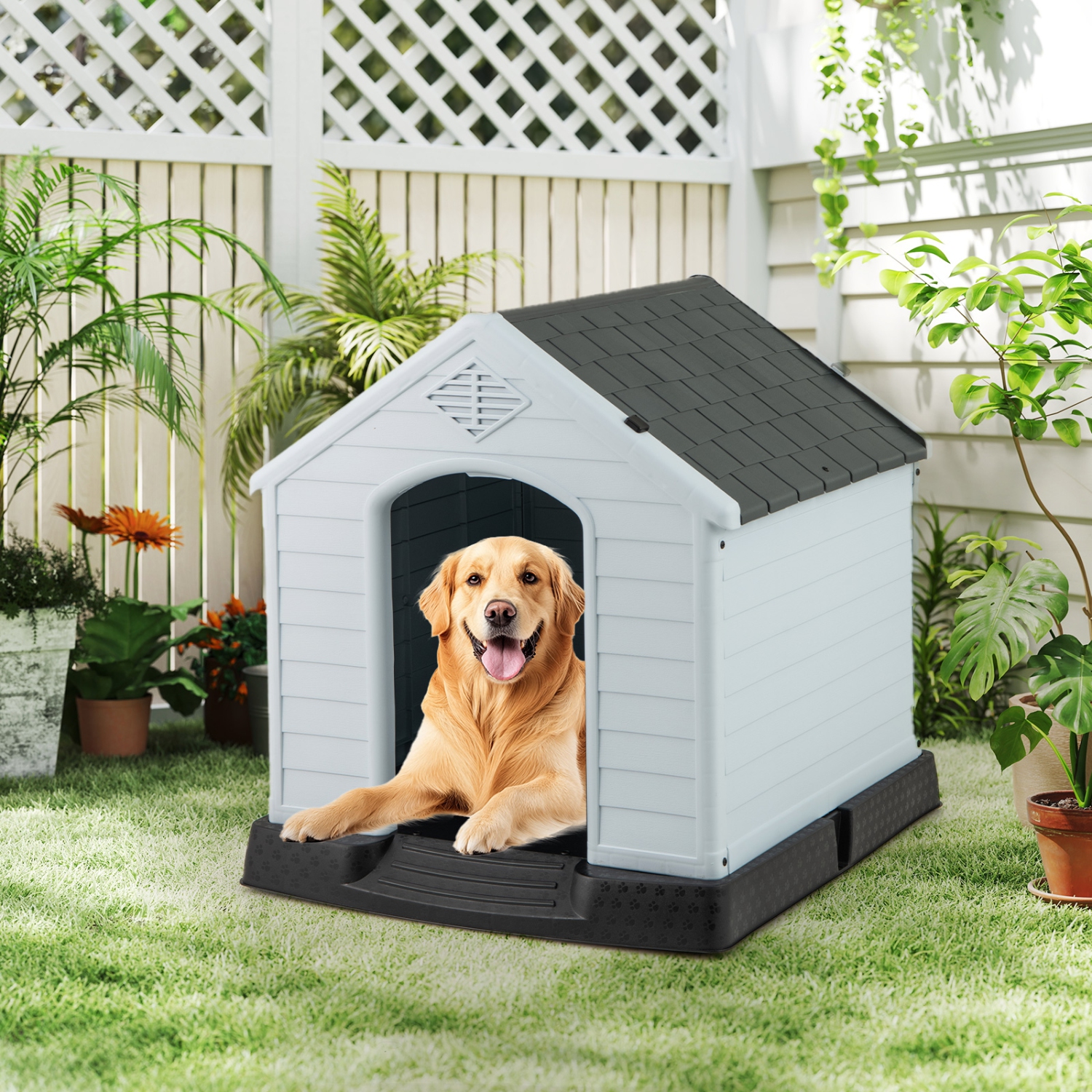 Gymax Dog House Pet Puppy Shelter Waterproof Indoor/Outdoor Ventilate Gray