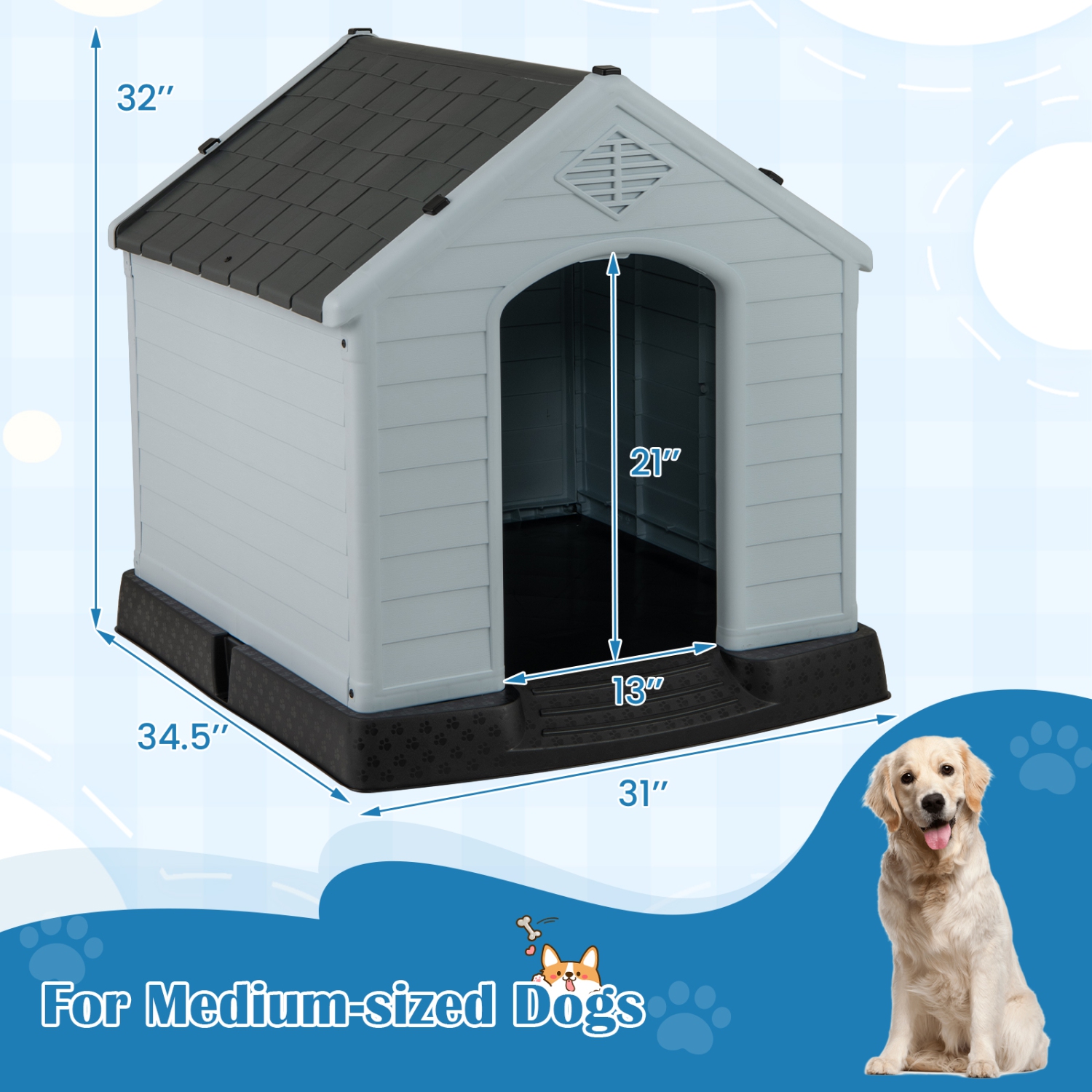 Gymax Dog House Pet Puppy Shelter Waterproof Indoor/Outdoor Ventilate Gray