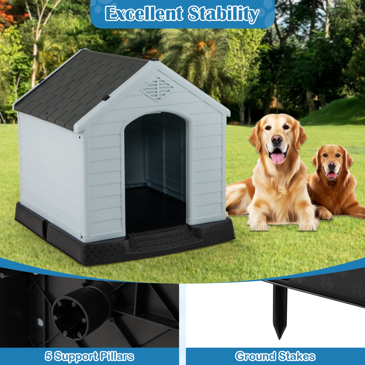 Gymax Dog House Pet Puppy Shelter Waterproof Indoor/Outdoor Ventilate Gray