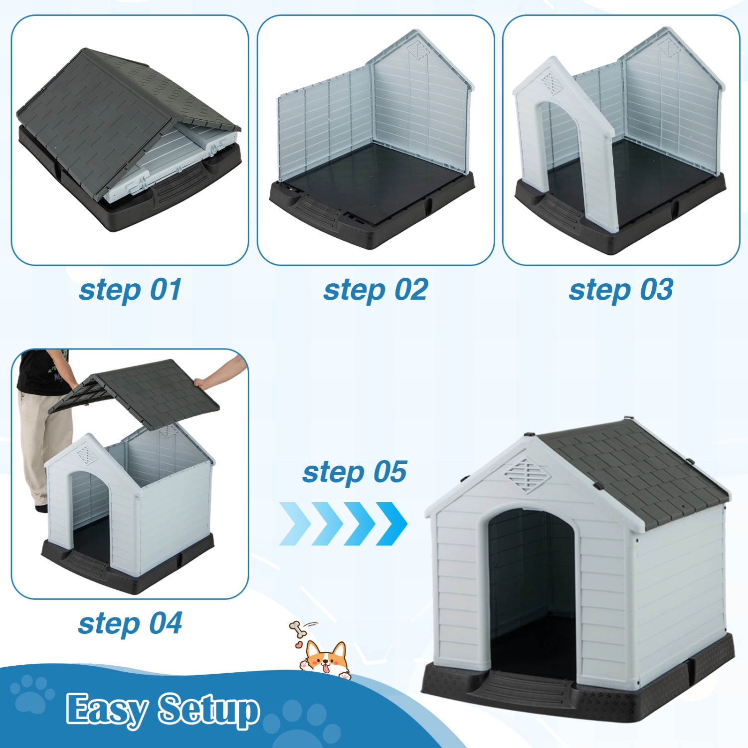 Gymax Dog House Pet Puppy Shelter Waterproof Indoor/Outdoor Ventilate Gray