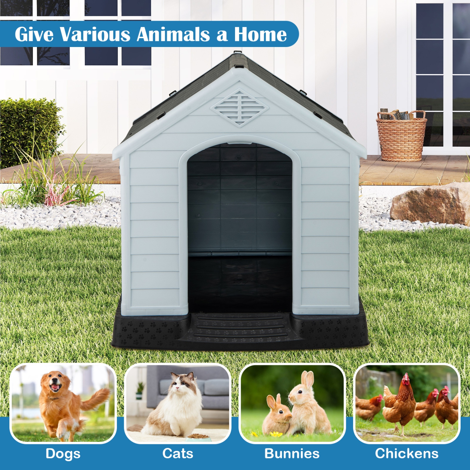 Gymax Dog House Pet Puppy Shelter Waterproof Indoor/Outdoor Ventilate Gray