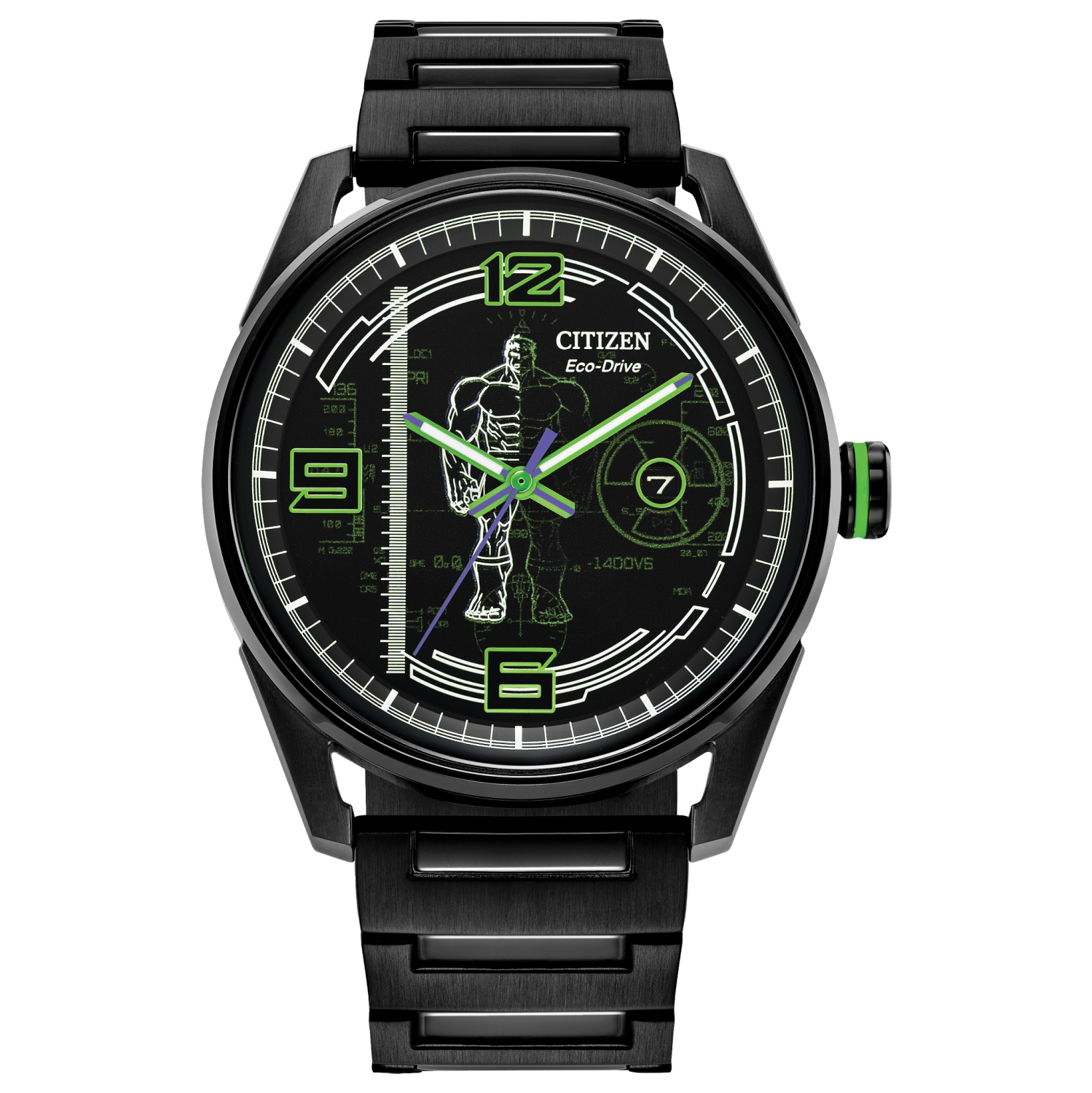 Marvel – Montre Hulk Eco-Drive 42&nbsp;mm, boîtier et bracelet inox noir, cadran noir