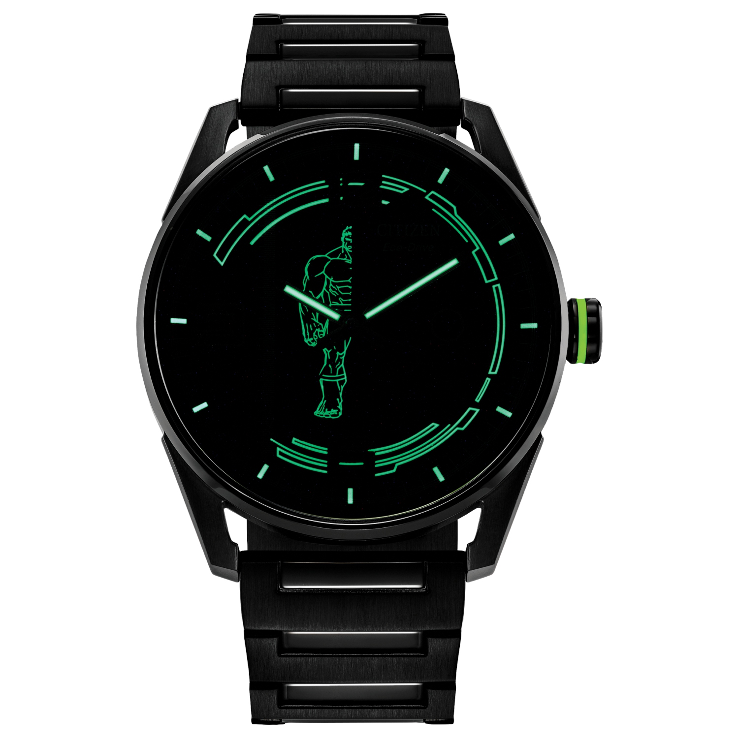 Marvel – Montre Hulk Eco-Drive 42 mm, boîtier et bracelet inox noir, cadran noir