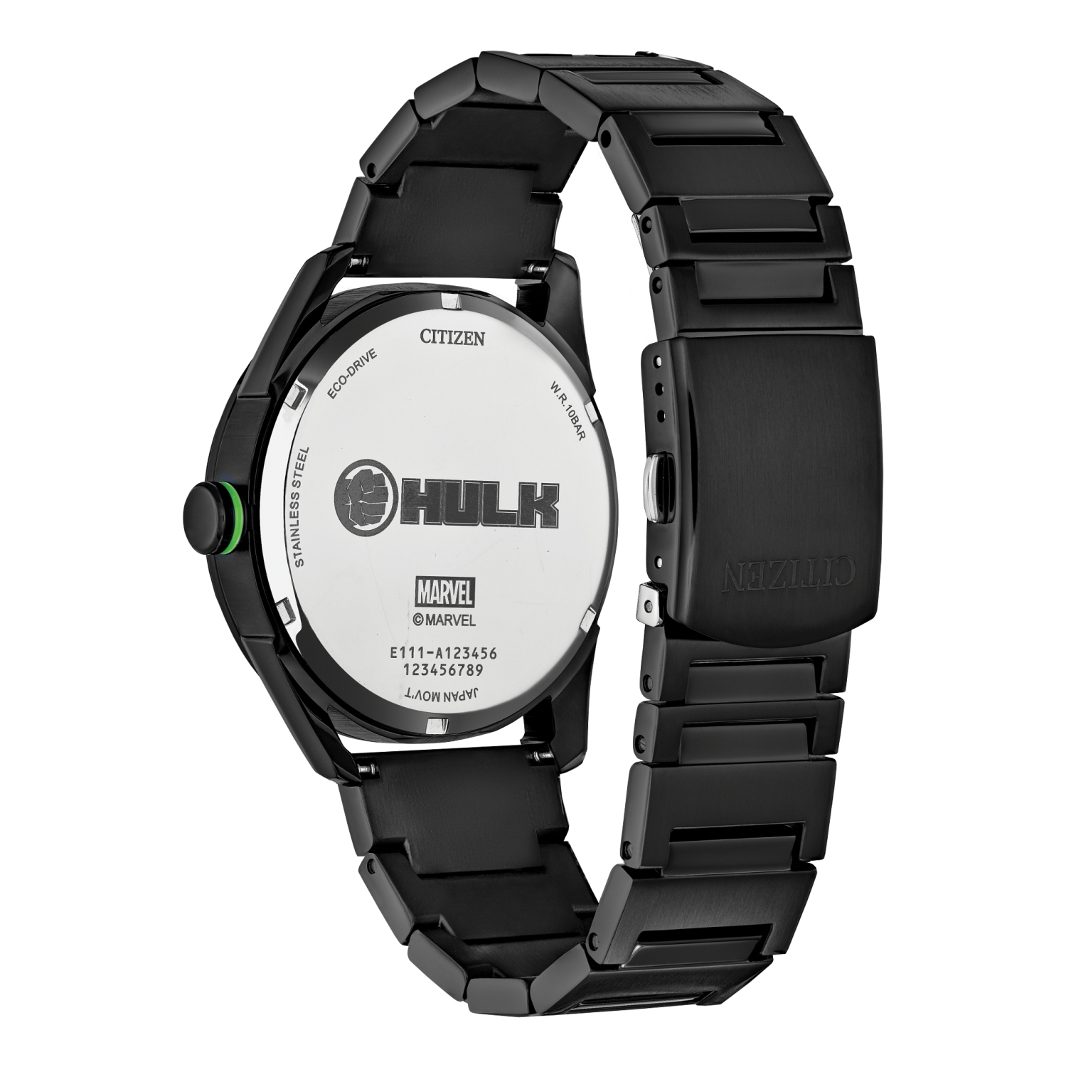 Marvel – Montre Hulk Eco-Drive 42 mm, boîtier et bracelet inox noir, cadran noir