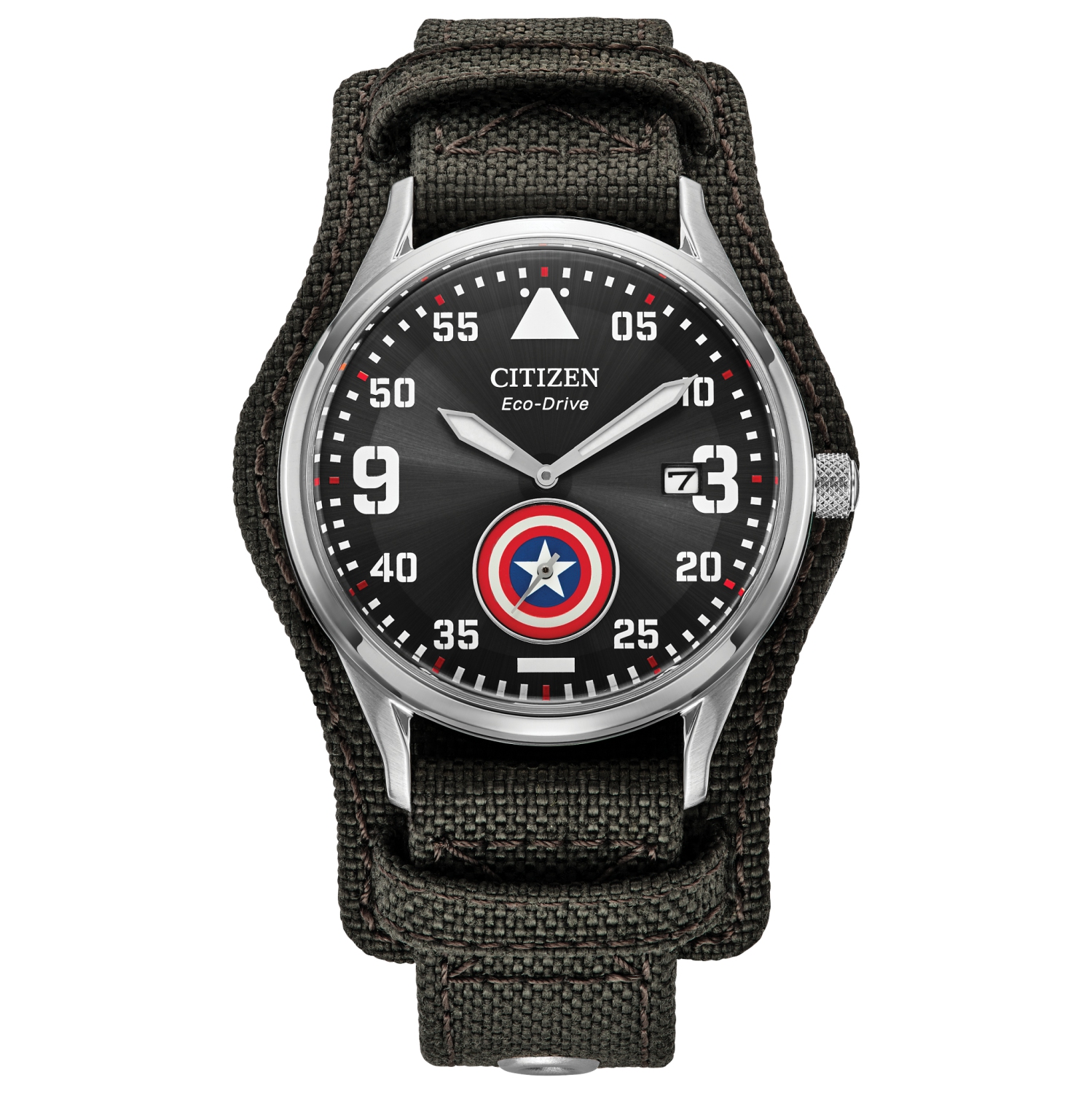 Citizen Marvel Mens Captain America Forever Eco-Drive Watch 40mm Silver-Tone Stainless Steel Case Grey CORDURA® Strap with Black Dial