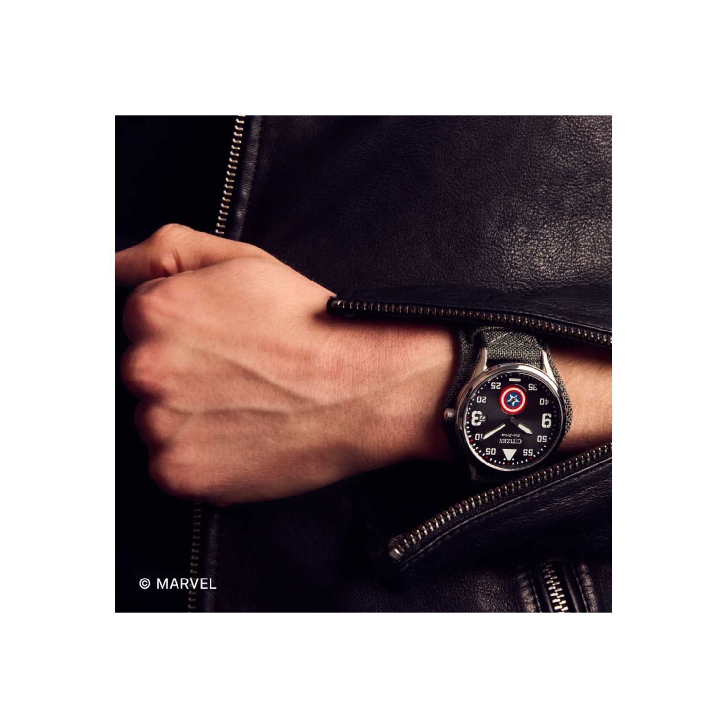 Citizen Marvel Mens Captain America Forever Eco-Drive Watch 40mm Silver-Tone Stainless Steel Case Grey CORDURA® Strap with Black Dial