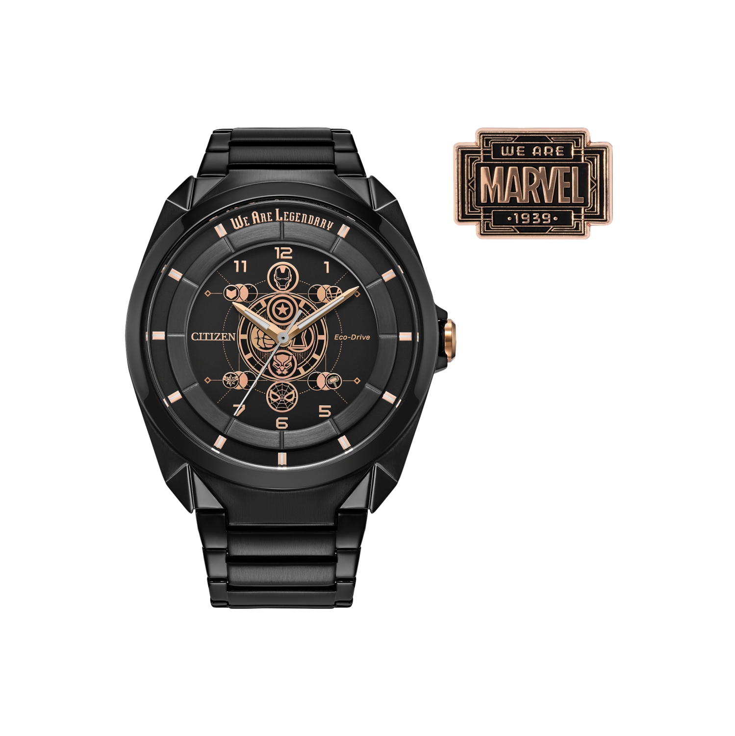 Montre Eco-Drive Marvel Legends 85e anniversaire de Citizen 42,5&nbsp;mm avec boîtier et bracelet en inox noir et cadran noir