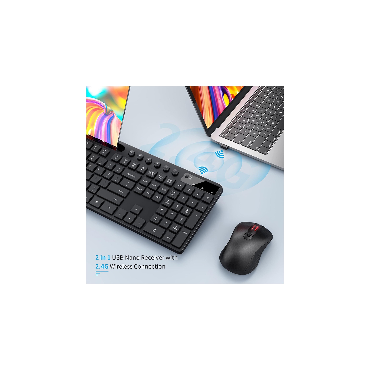 Marvo KC411W Wireless 2.4Ghz Keyboard and Mouse Combo with Phone Tablet Holder, Silent Mouse with 6 Button, Compatible with MacBook, Windows_Black