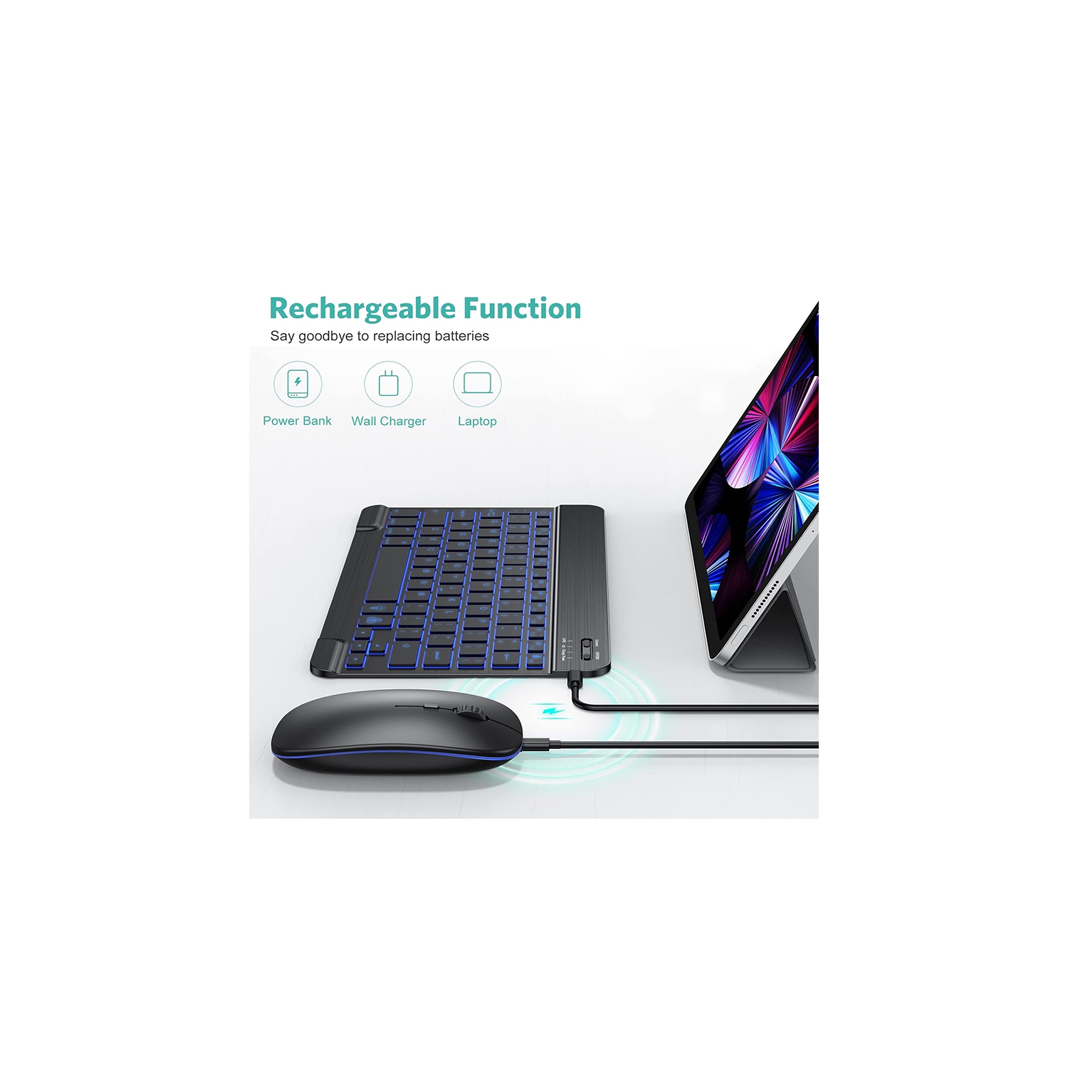 Wireless Bluetooth Ultra Slim Keyboard and mouse combo for iPad & Android Rechargeable 7 Colors Backlight Keyboard