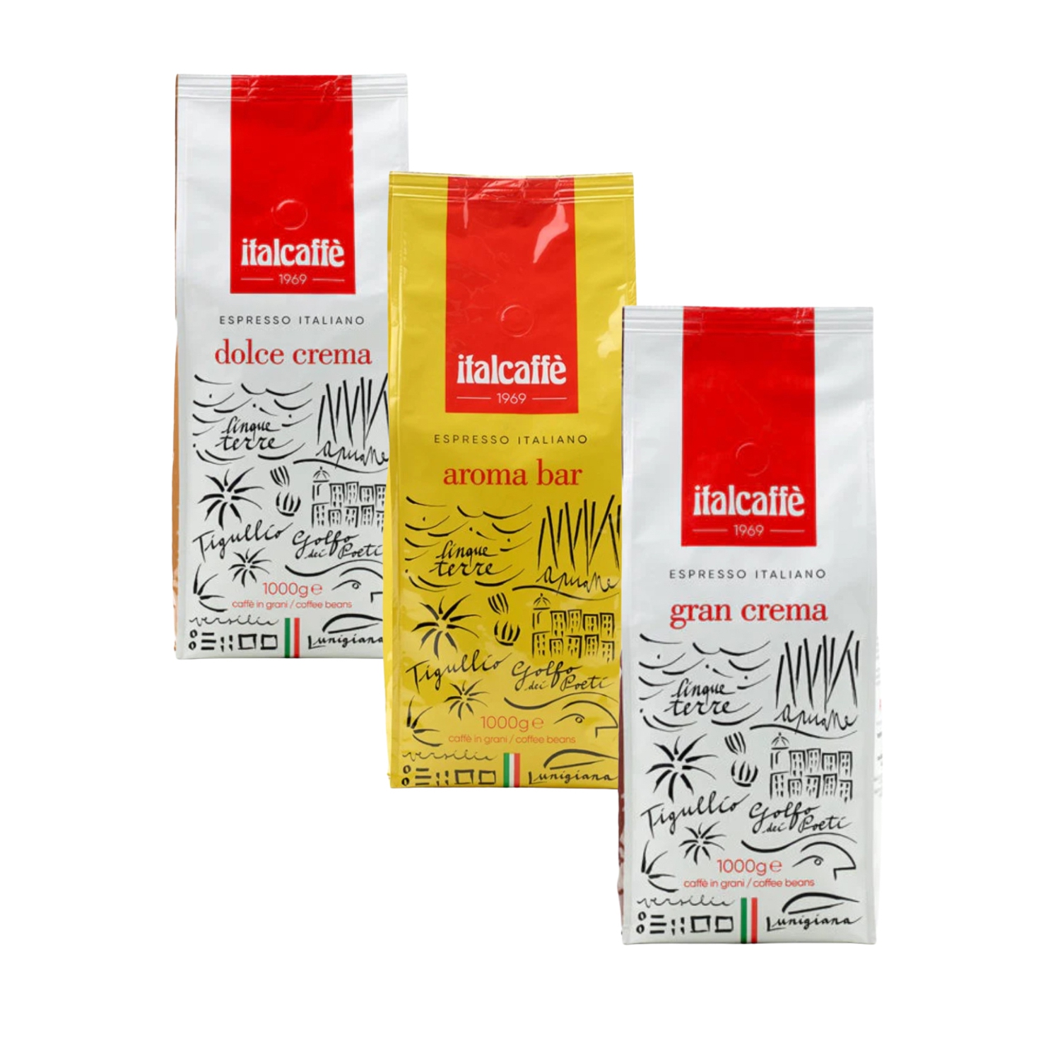 Italcaffè Whole Bean Espresso Bundle – Dolce Crema, Aroma Bar, Gran Crema – 3 x 1kg Bags