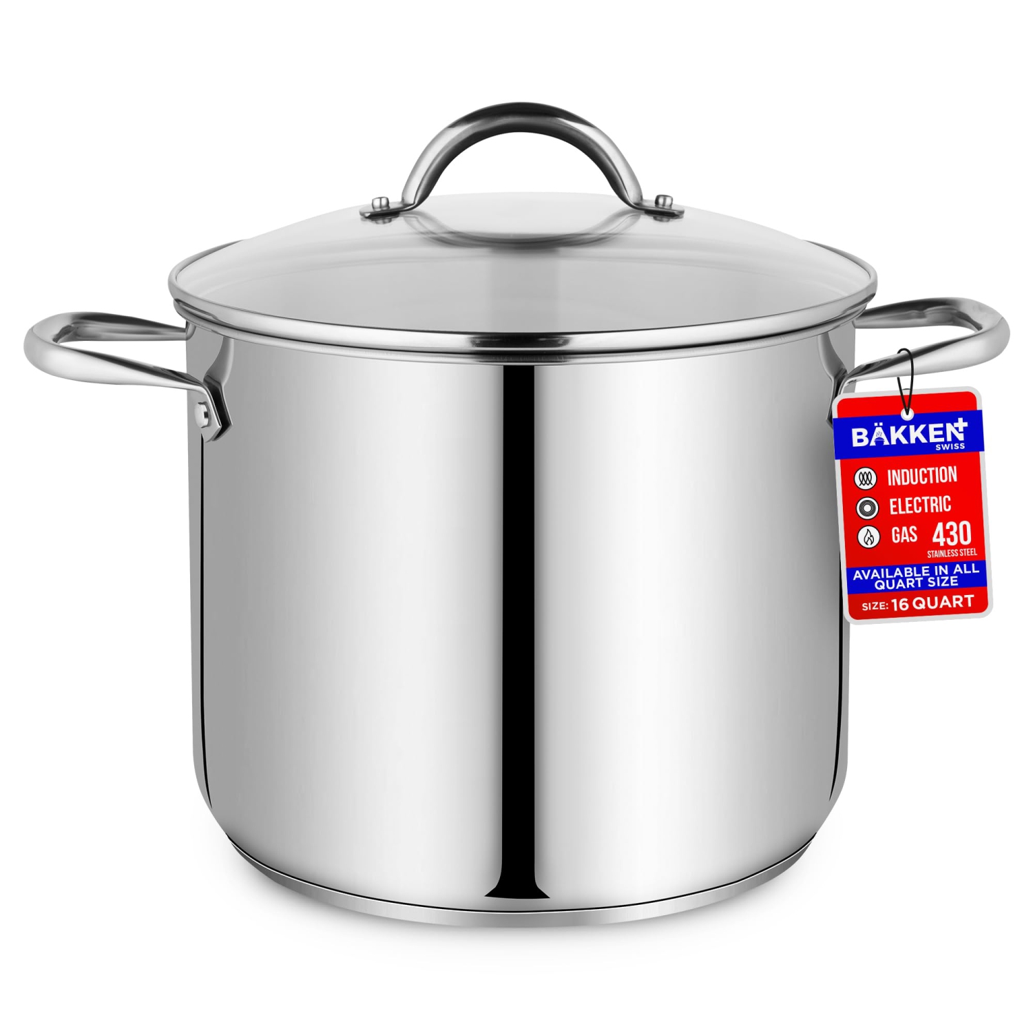 Bakken-Swiss Deluxe 16-Quart Stainless Steel Stockpot w/Tempered Glass See-Through Lid - Simmering Delicious Soups Stews & Induction Cooking -