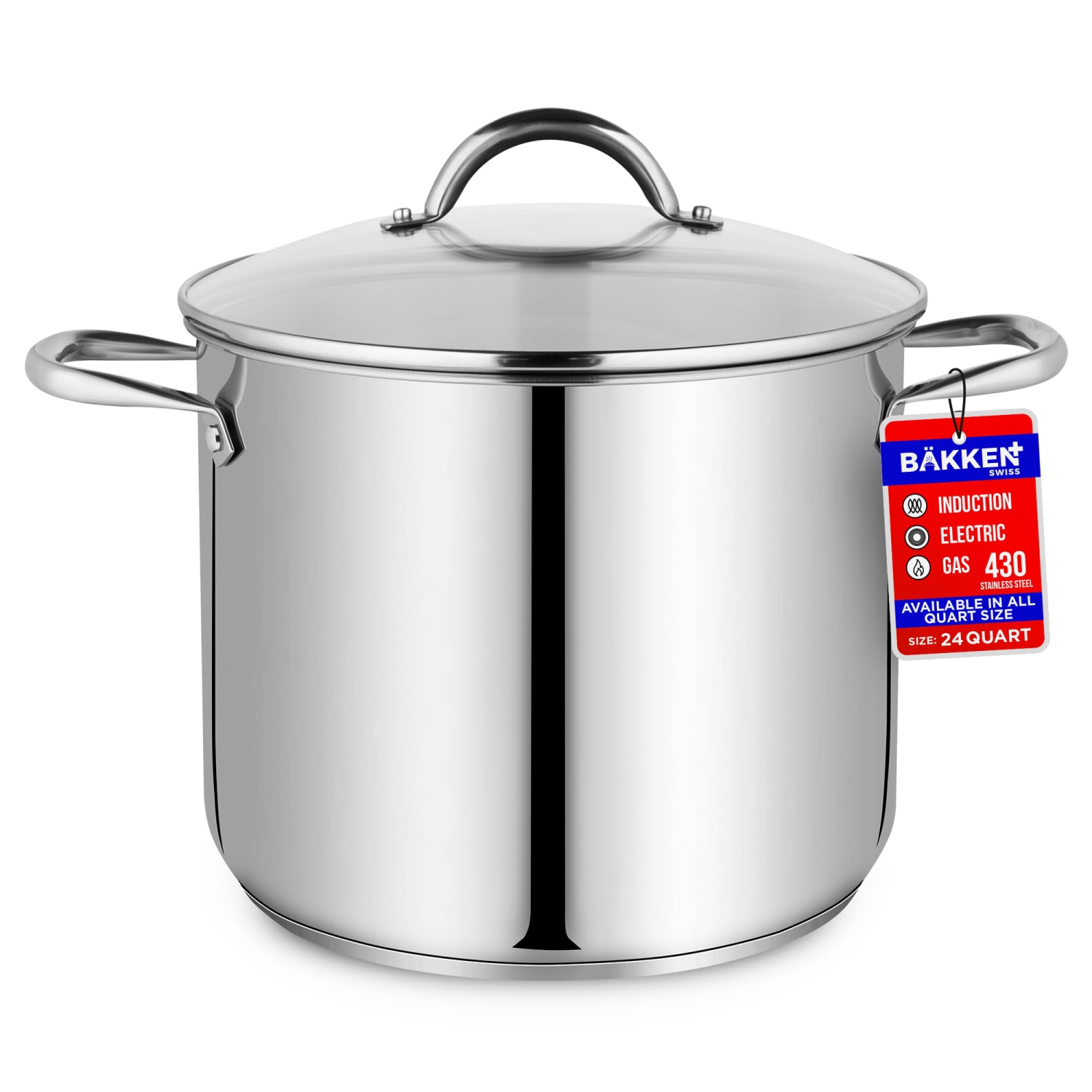 Bakken-Swiss Deluxe 24-Quart Stainless Steel Stockpot w/Tempered Glass See-Through Lid - Simmering Delicious Soups Stews & Induction Cooking -