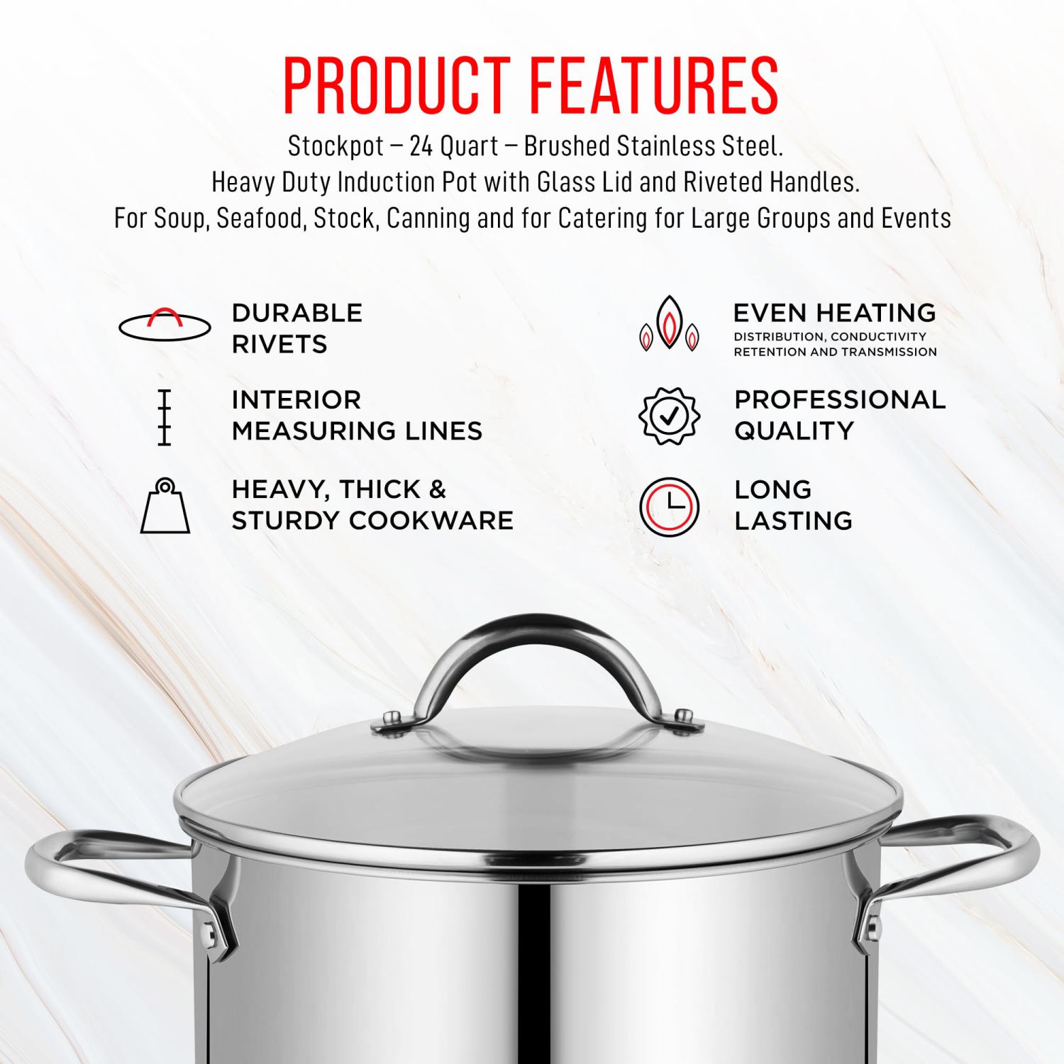 Bakken-Swiss Deluxe 24-Quart Stainless Steel Stockpot w/Tempered Glass See-Through Lid - Simmering Delicious Soups Stews & Induction Cooking -