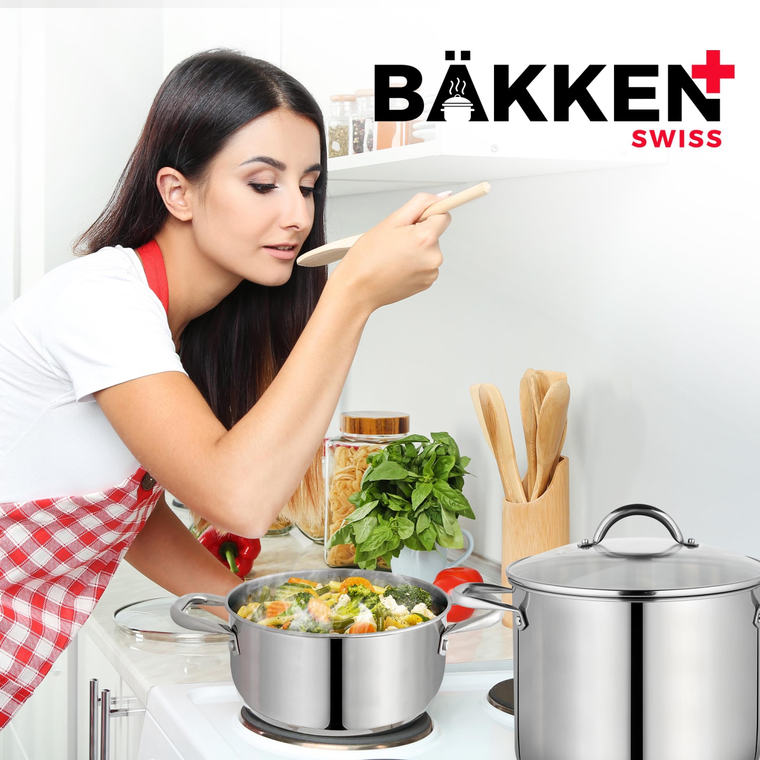 Bakken-Swiss Deluxe 3-Quart Stainless Steel Stockpot w/Tempered Glass See-Through Lid - Simmering Delicious Soups Stews & Induction Cooking -