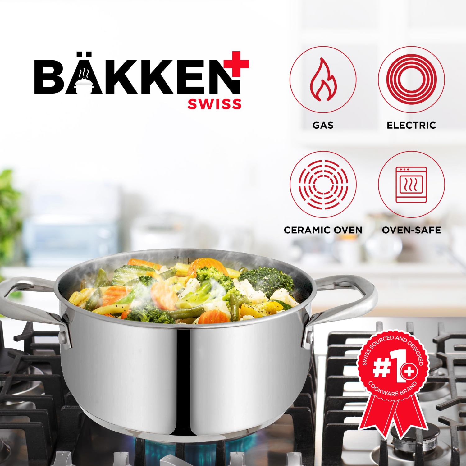 Bakken-Swiss Deluxe 3-Quart Stainless Steel Stockpot w/Tempered Glass See-Through Lid - Simmering Delicious Soups Stews & Induction Cooking -