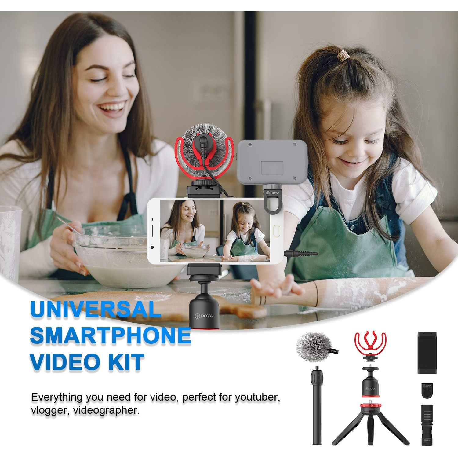 BOYA BY-VG330 Smartphone Video Rig with Mini Tripod, Phone Grip, and Video Microphone Compatible with iPhone 13, 12, 11, 11 Pro, XS, XR, X, 8, 7, and