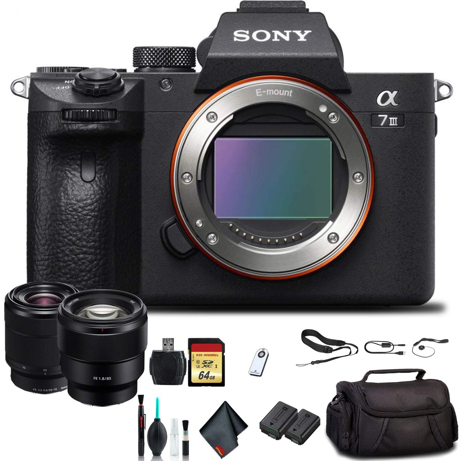 Open Box - Sony Alpha a7 III Mirrorless Camera with 28-70mm Lens ILCE7M3K/B with Sony FE 85mm Lens, Soft Bag, Additional Battery, and More