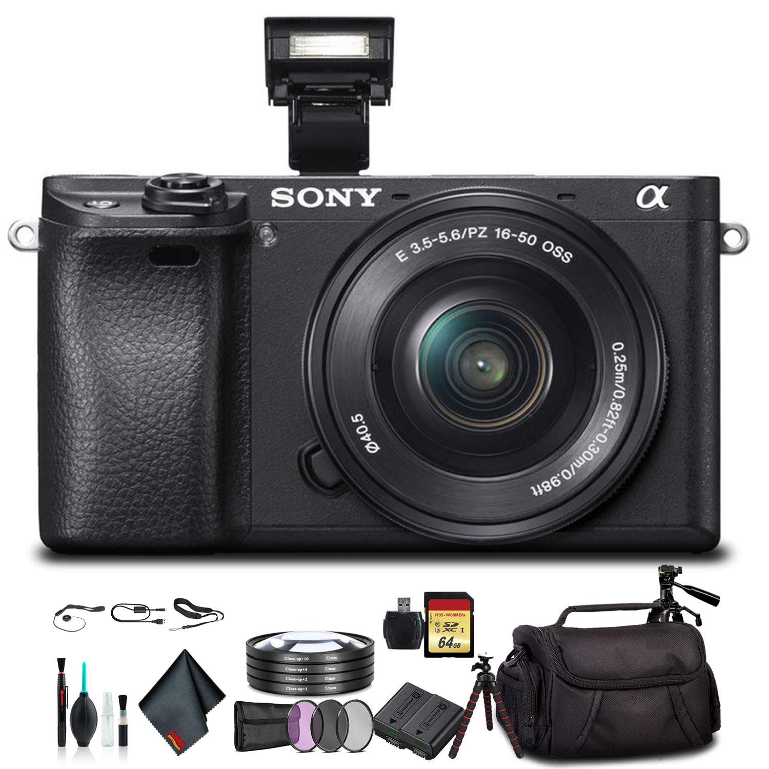 Open Box - Sony Alpha a6300 Mirrorless Camera with 16-50mm Lens Black ILCE6300L/B with Soft Bag, Lens Filters, Tripod, and More