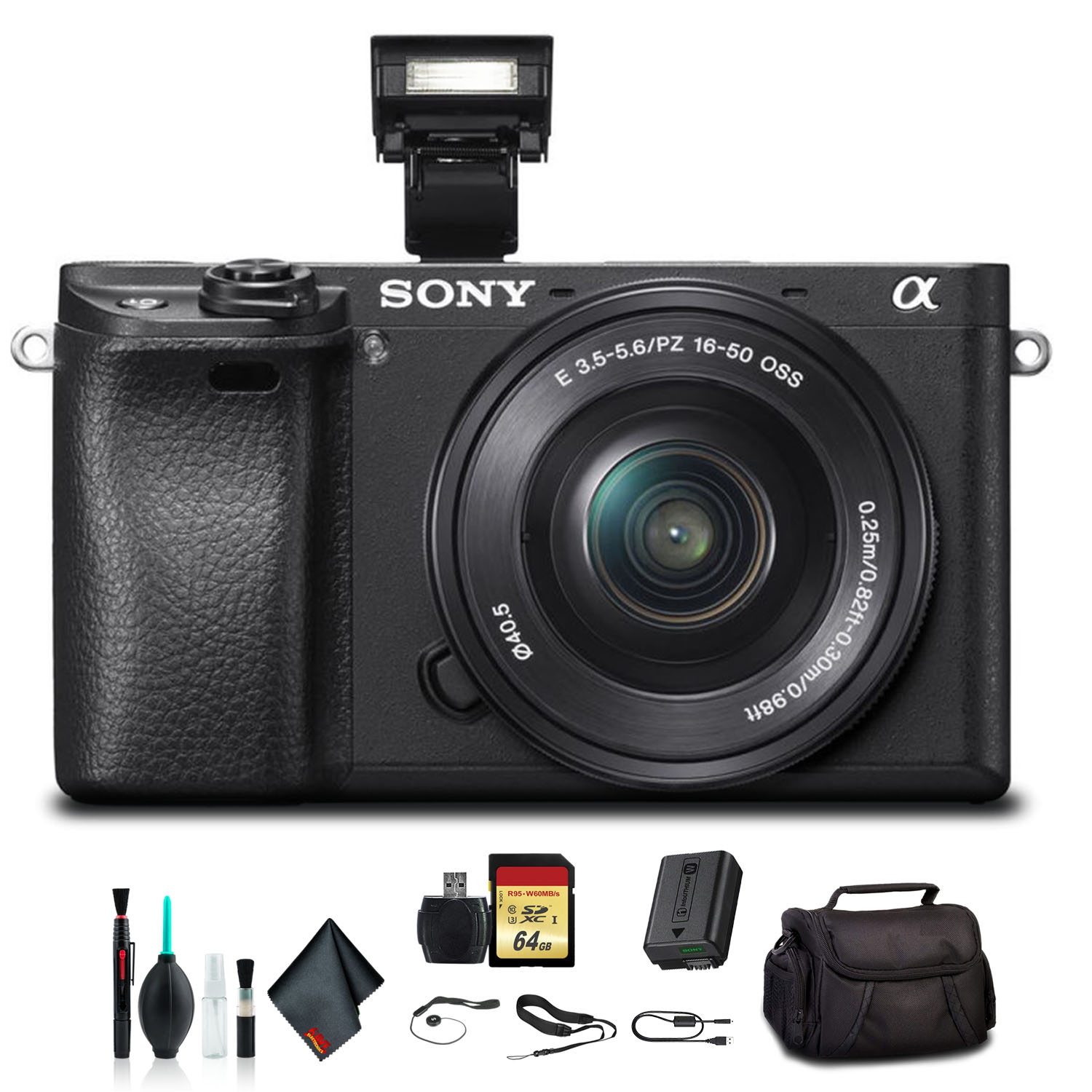 Open Box - Sony Alpha a6300 Mirrorless Camera with 16-50mm Lens Black ILCE6300L/B with Soft Bag, 64GB Memory Card, Card Reader, and More