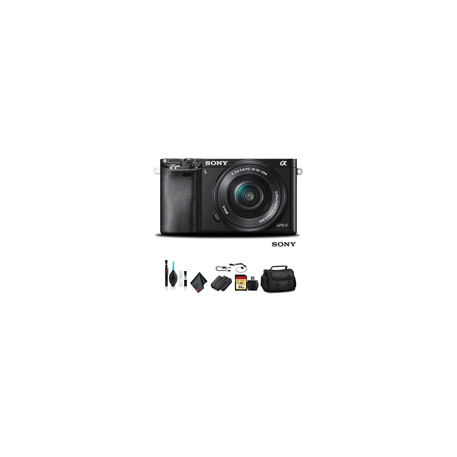 Open Box - Sony Alpha a6000 Mirrorless Camera with 16-50mm Lens Black with Soft Bag, Tripod, Additional Battery, 64GB Memory Card,