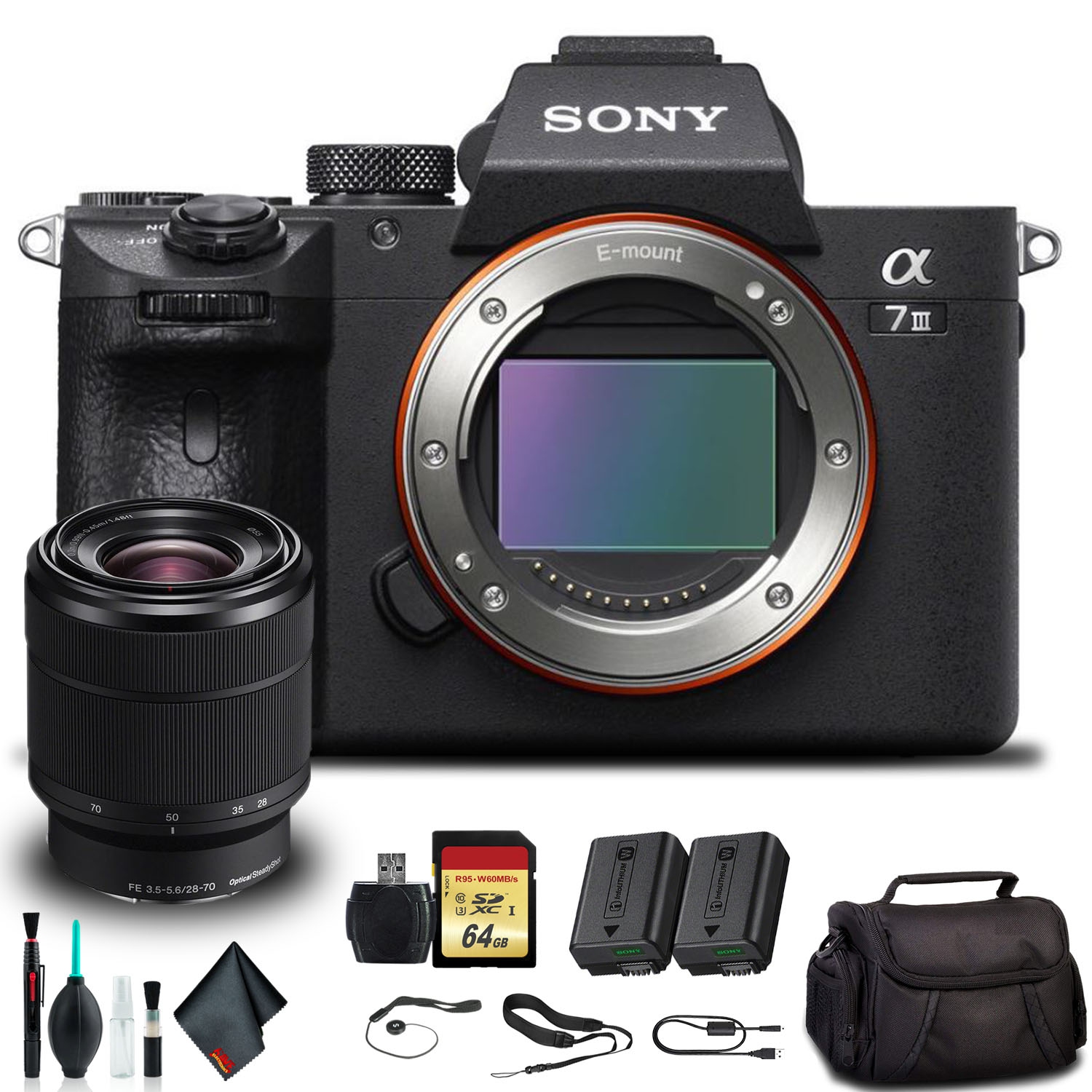 Open Box - Sony Alpha a7 III Mirrorless Camera with 28-70mm Lens ILCE7M3K/B with Soft Bag, Additional Battery, 64GB Memory Card, and More