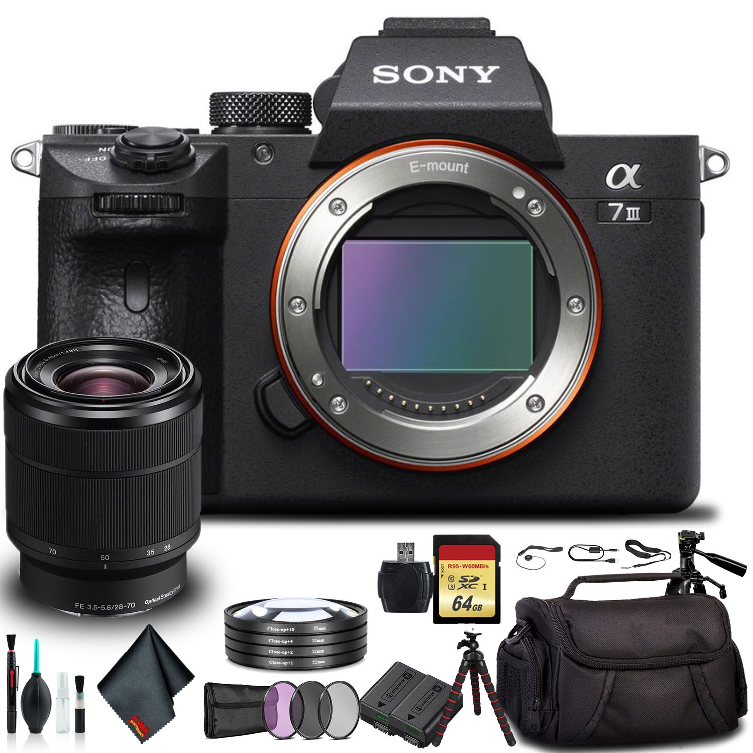 Open Box - Sony Alpha a7 III Mirrorless Camera with 28-70mm Lens ILCE7M3K/B with Soft Bag, Tripod, Additional Battery, 64GB Memory, and More
