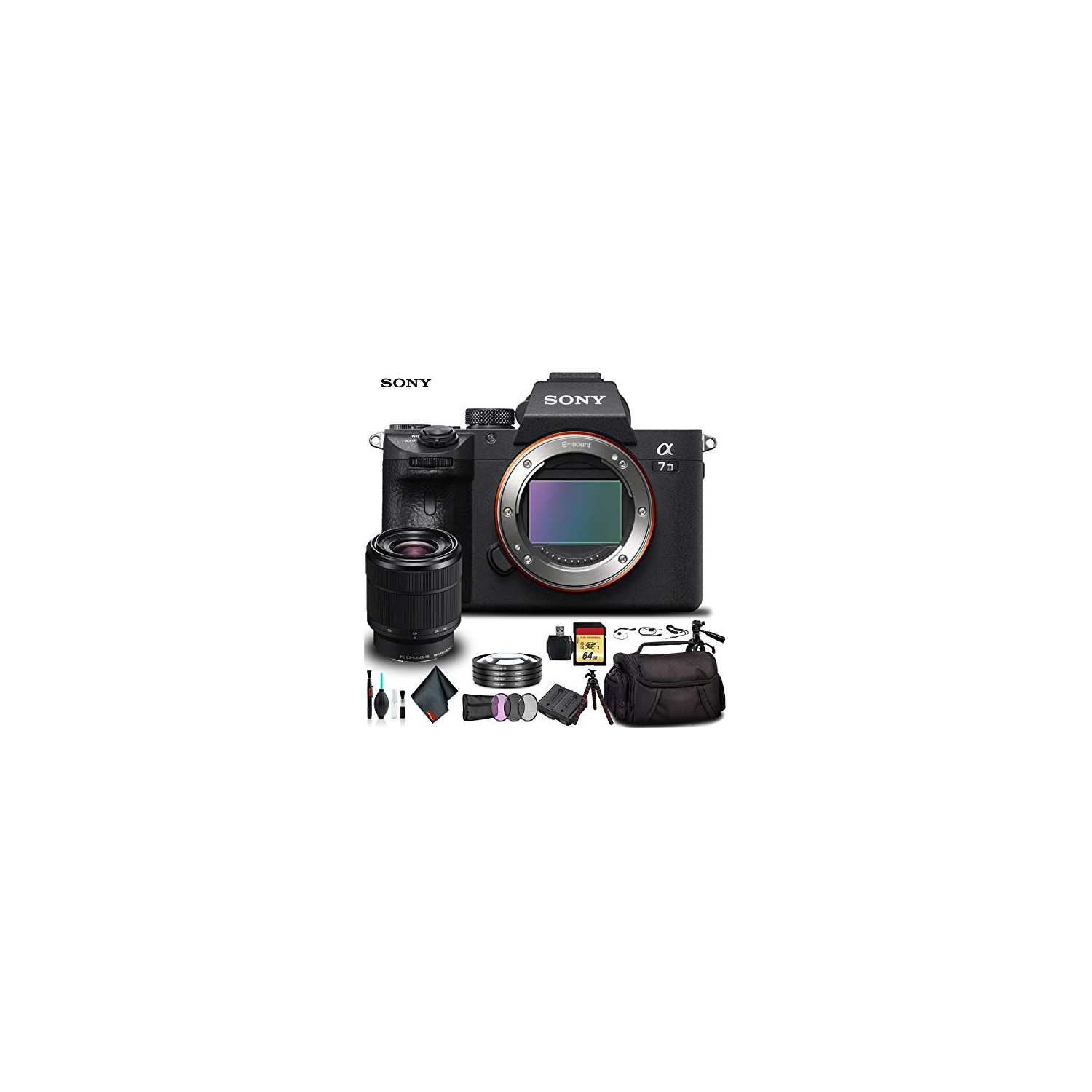 Open Box - Sony Alpha a7 III Mirrorless Camera with 28-70mm Lens ILCE7M3K/B with Soft Bag, Tripod, Additional Battery, 64GB Memory, and More
