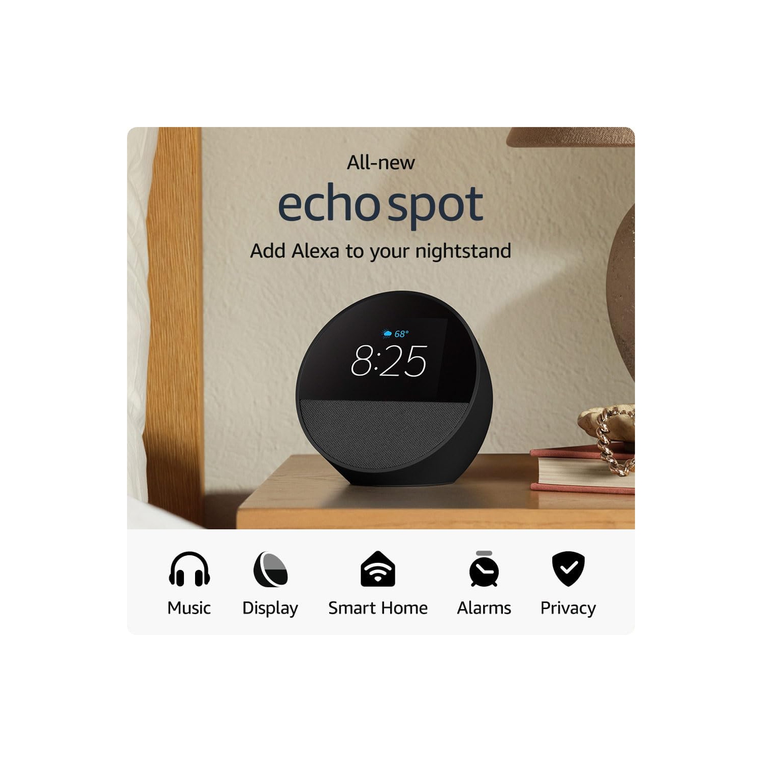 Réveille-matin intelligent Echo Spot avec son éclatant et Alexa - Noir + trousse de nettoyage d'écran