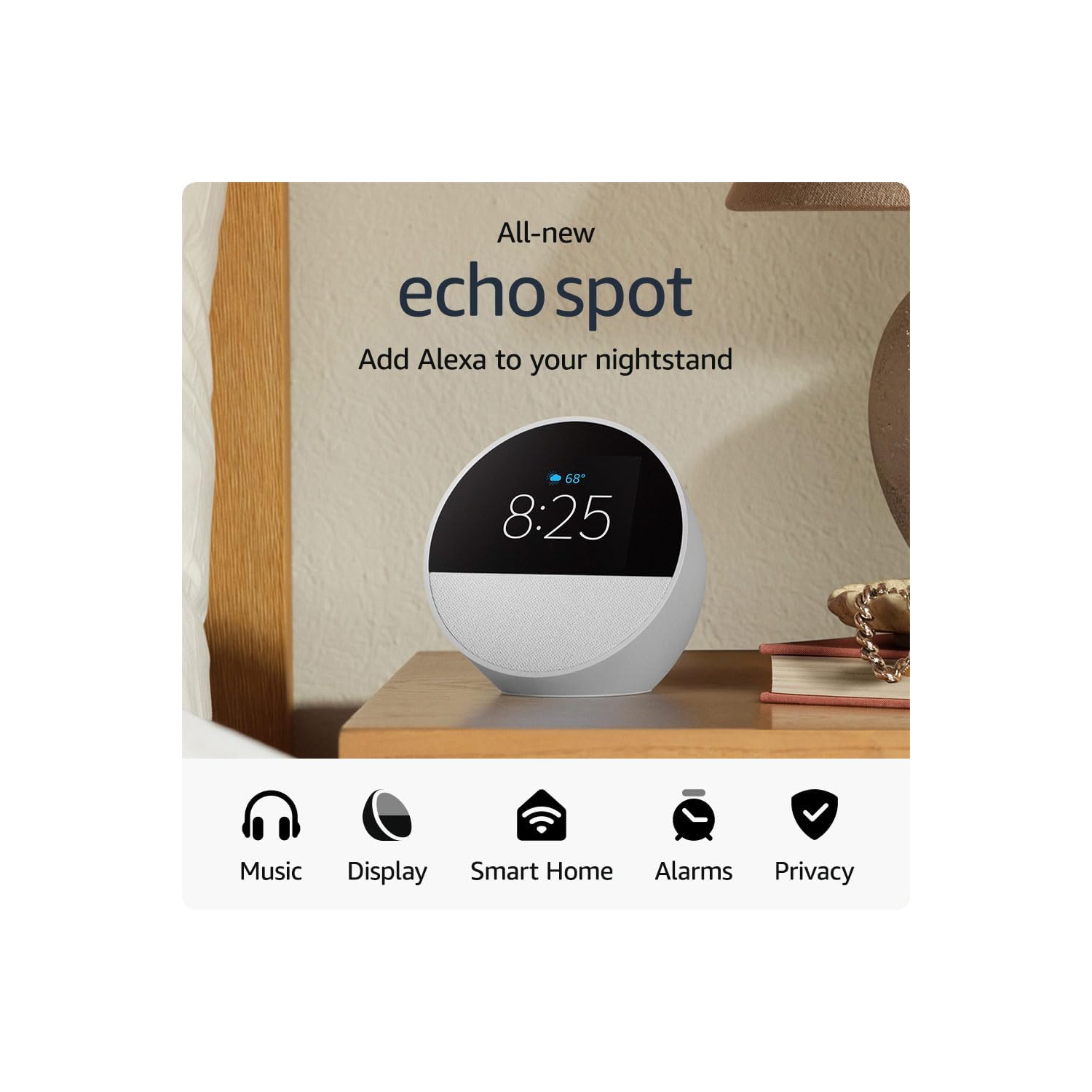 Echo Spot Smart alarm clock w/ vibrant sound and Alexa -White + Screen Cleaning Kit
