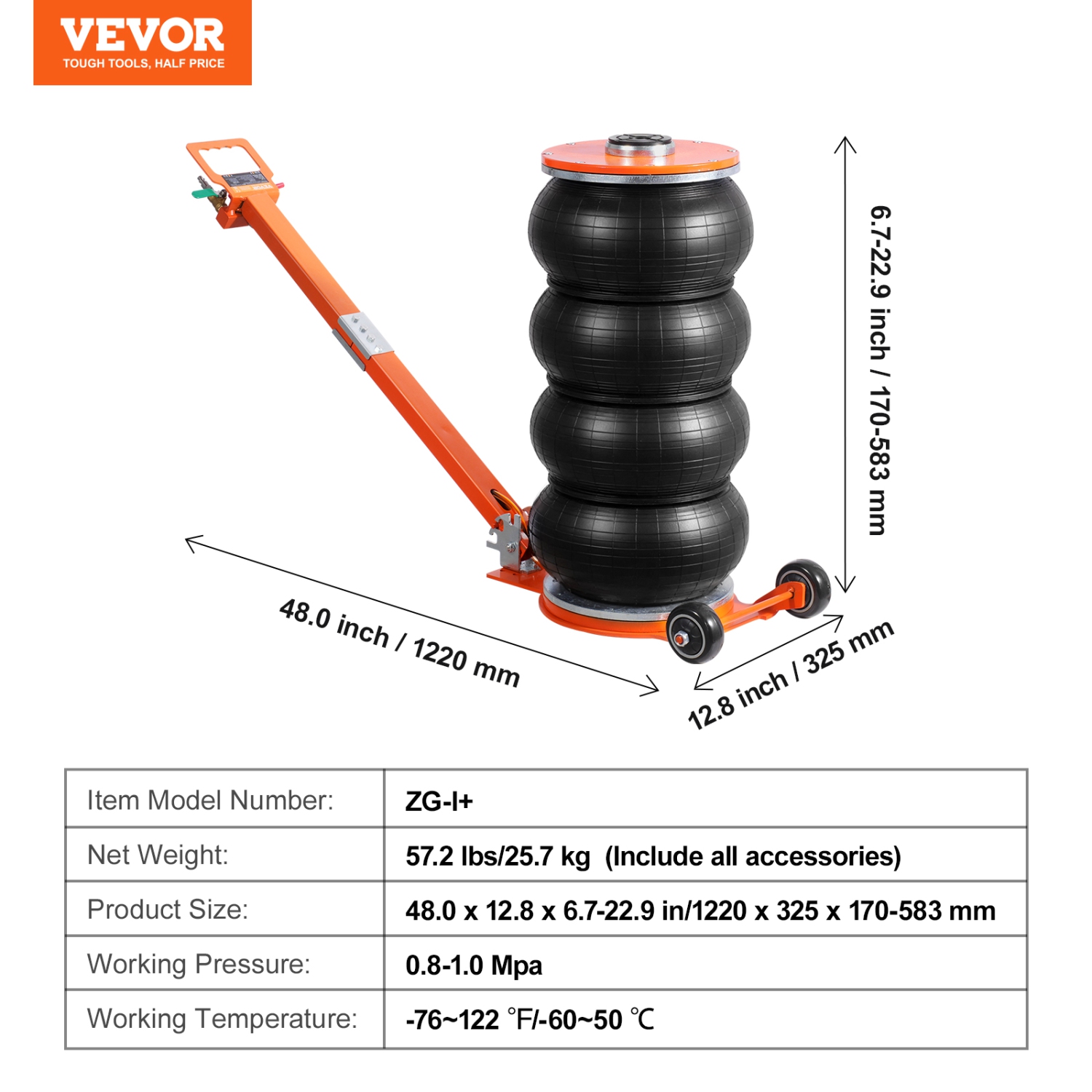 VEVOR 6 Ton/13000 lbs Air Jack, 2-5 S Pneumatic Lifting Jack with Heightened Column & Adjustable Handle, Easy-to-Lift & Space-Saving Jack with Thick