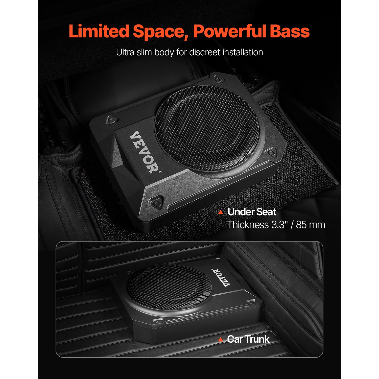 VEVOR 10" 400W Underseat Car Subwoofer, Slim Powered Car Subwoofers Under the Seat, Low Profile Audio Sub Built-in Amplifier, High/Low Level Input &