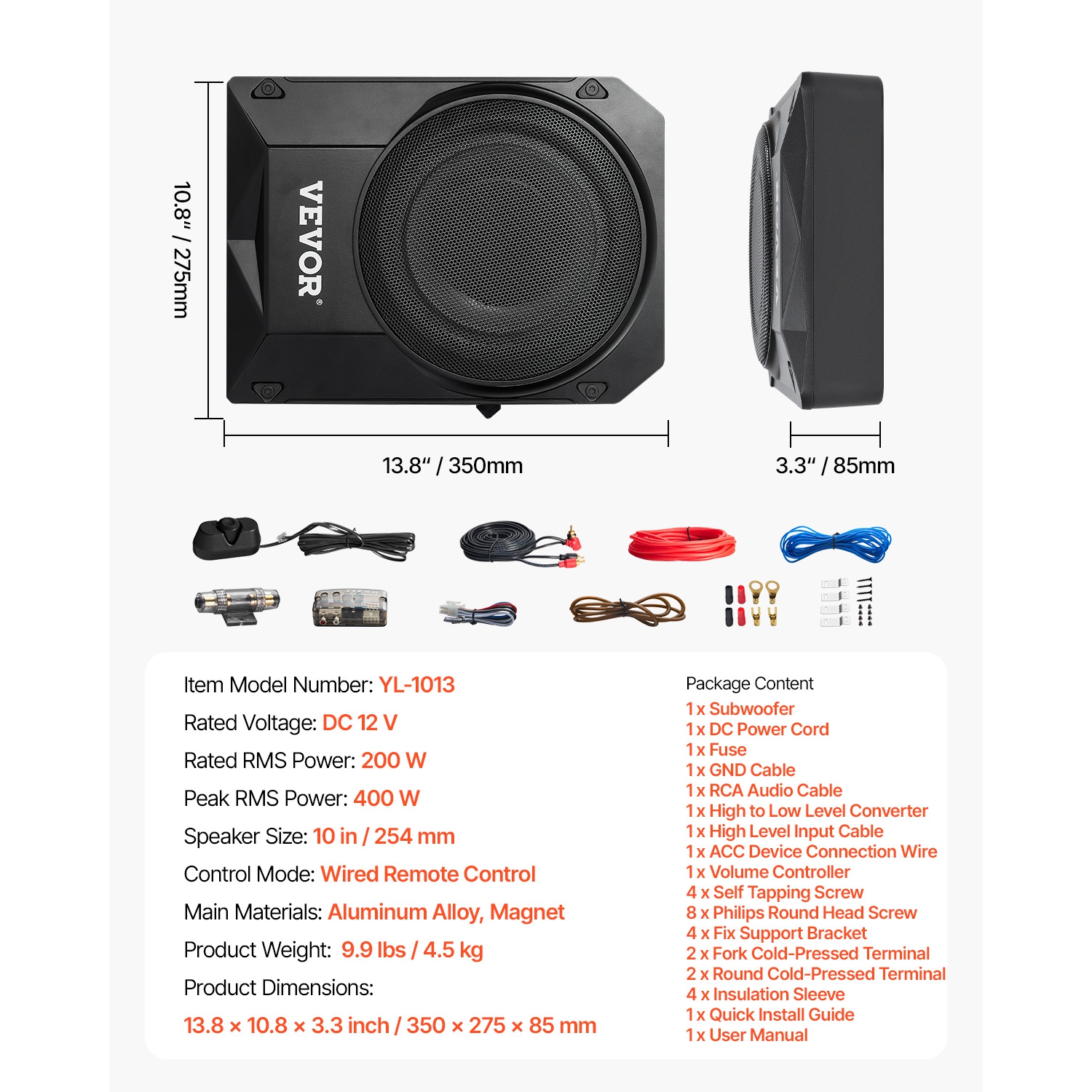 VEVOR 10" 400W Underseat Car Subwoofer, Slim Powered Car Subwoofers Under the Seat, Low Profile Audio Sub Built-in Amplifier, High/Low Level Input &