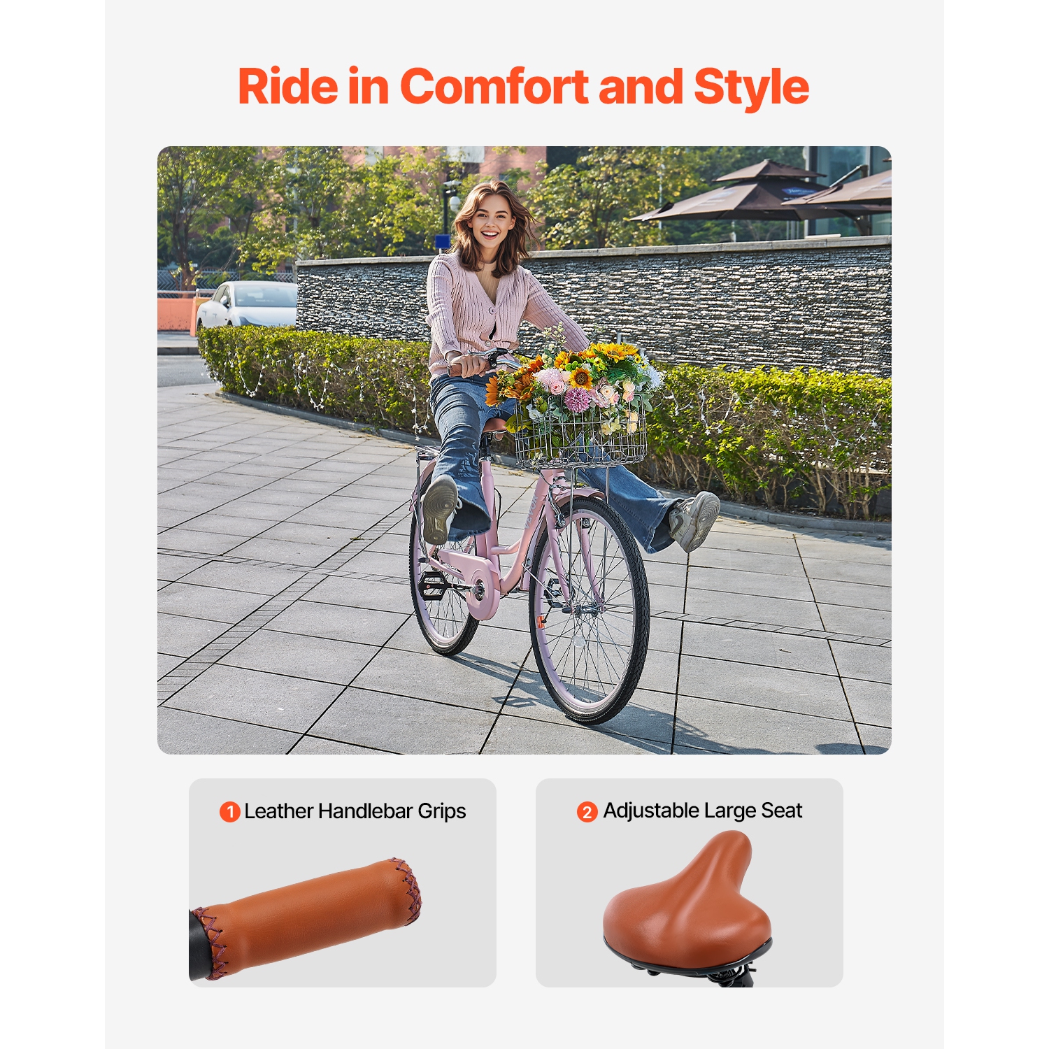 VEVOR 1-Speed Cruiser Bike, 26-Inch Pink Beach Cruiser Bike with Large Capacity Basket and Rear Rack, Secure & Sturdy Cruiser Bike with Adjustable