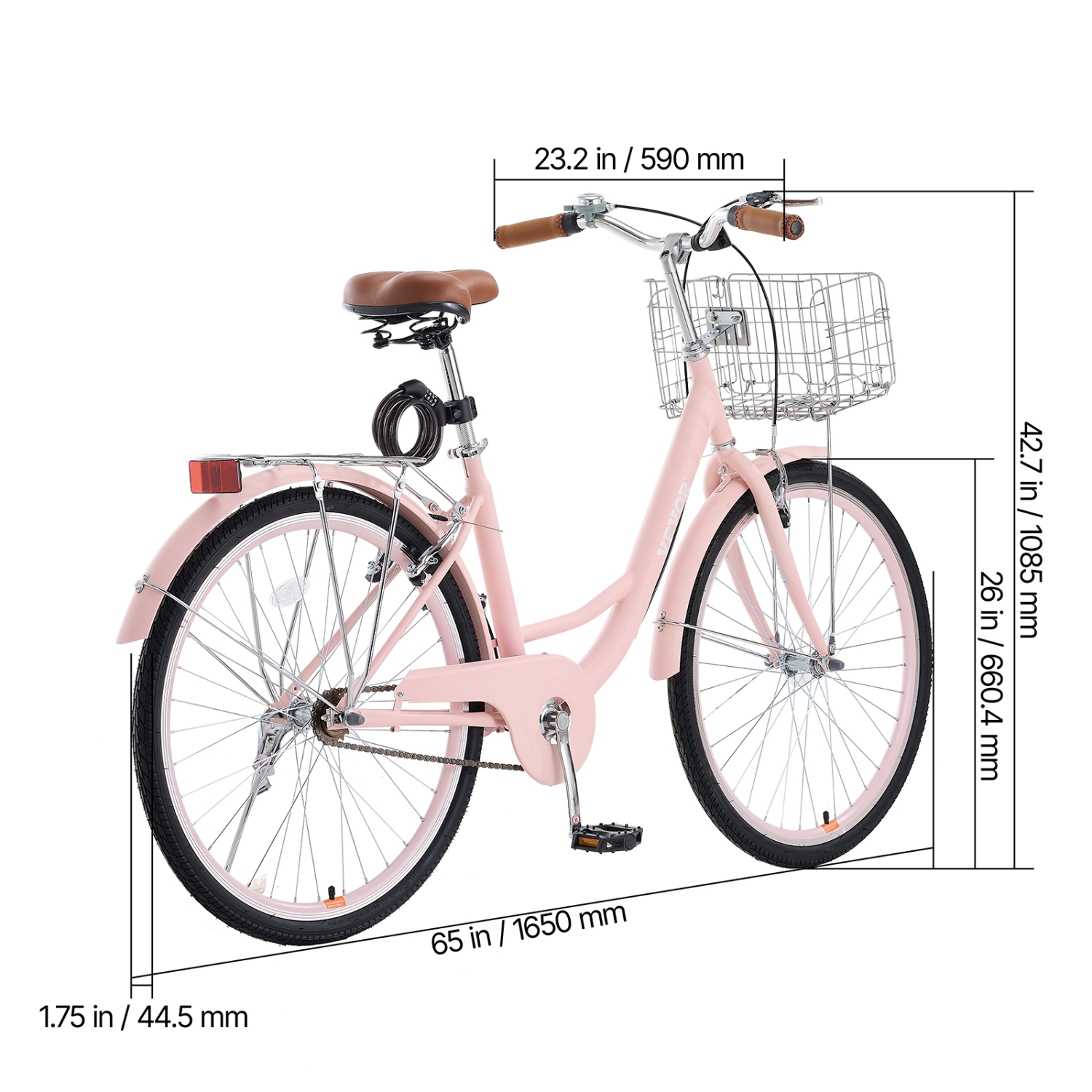 VEVOR 1-Speed Cruiser Bike, 26-Inch Pink Beach Cruiser Bike with Large Capacity Basket and Rear Rack, Secure & Sturdy Cruiser Bike with Adjustable