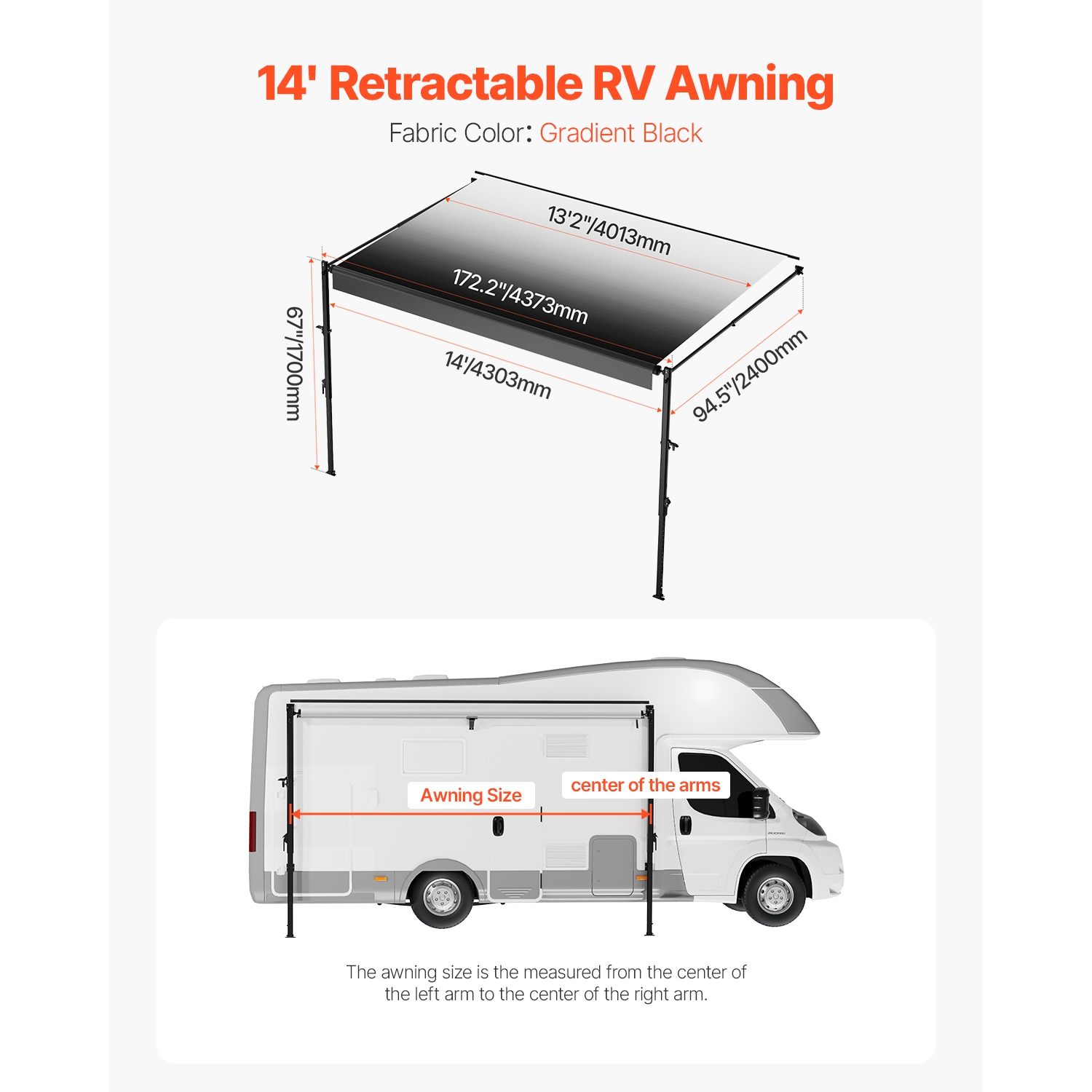 VEVOR 14' Manual RV Awning Complete Kit, Retractable Awning with Aluminum Alloy Frame, Outdoor Trailer Awning, Fit for Most RVs(Black Fade)