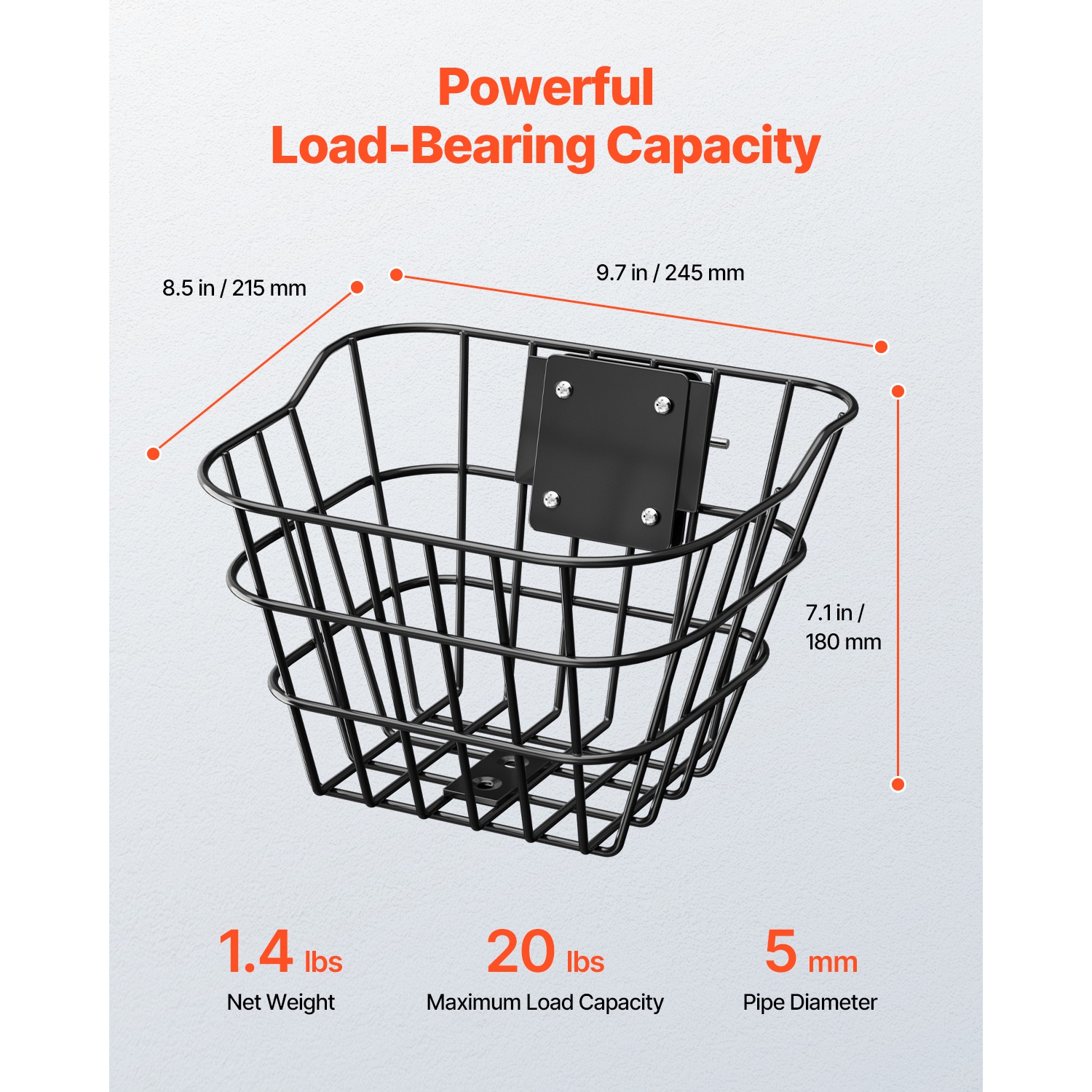 VEVOR 20lbs max load Front Bike Basket, Electric Scooter Basket with Fixed Bracket, Construct from Solid Steel, Kids Bike/Adult Bicycle Basket/Knee