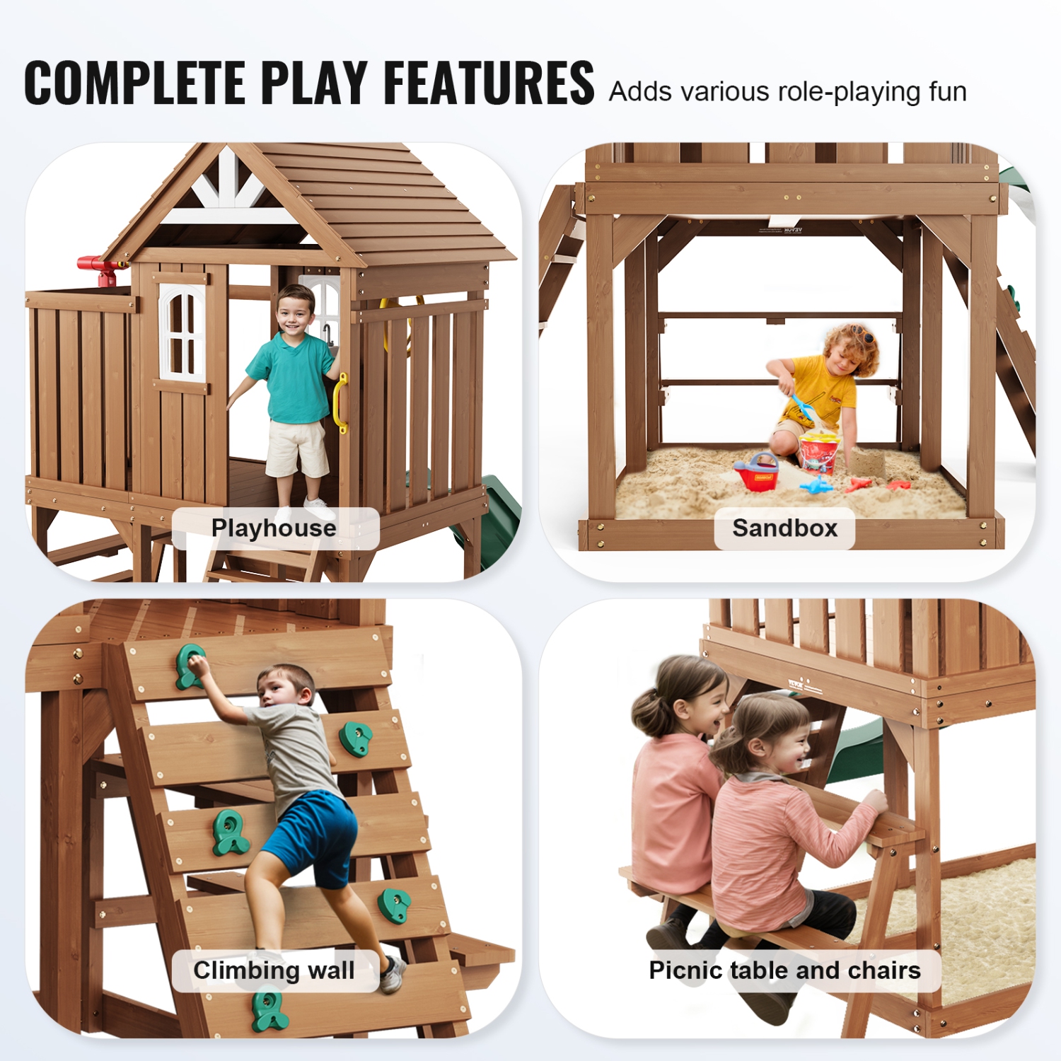 VEVOR Outdoor Wooden Playhouse, Modern Cedar Playhouse for Age 2-8 Years Kids, Games Cottage, Cedar Playhouse with Slide, Ladder, Climbing Wall,