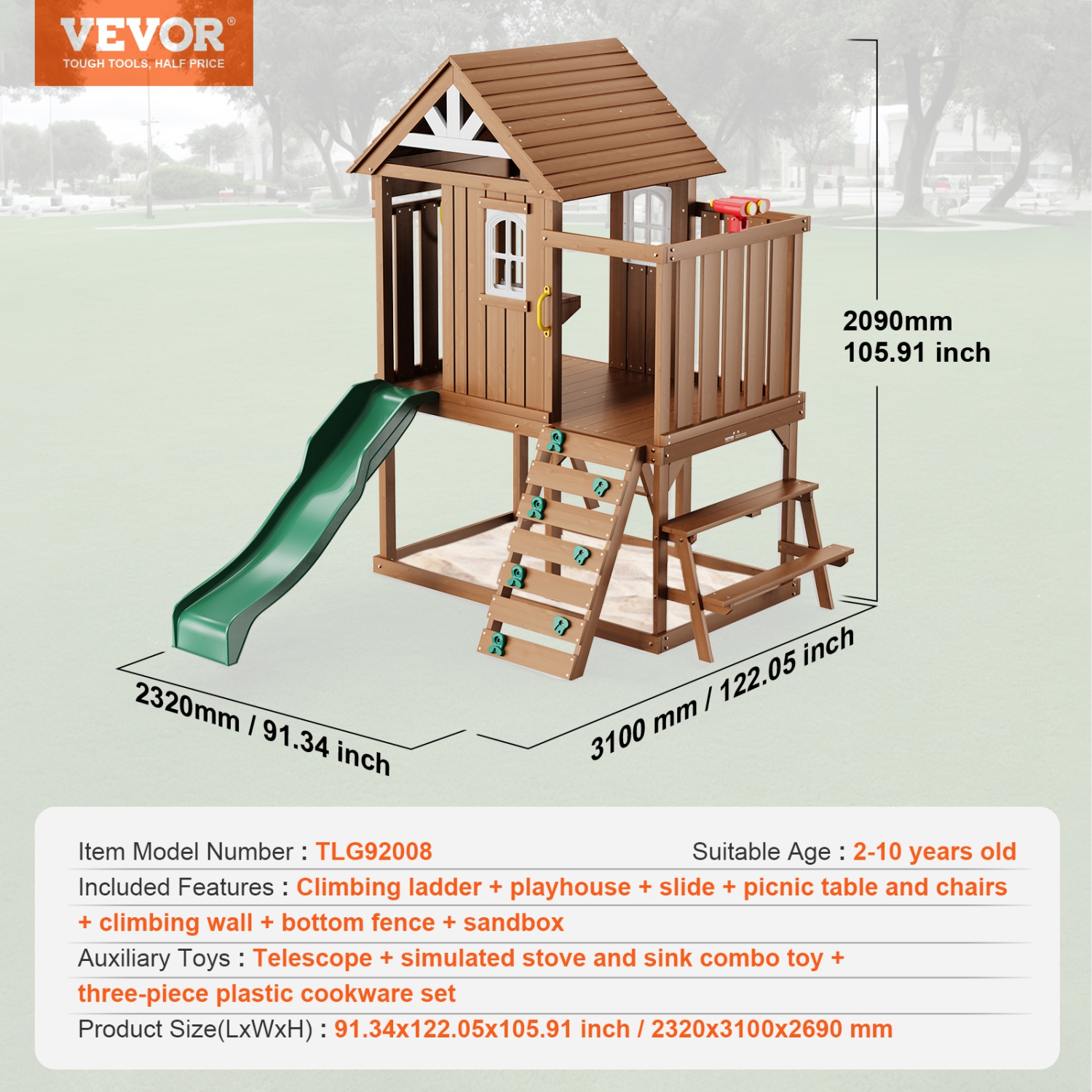 VEVOR Outdoor Wooden Playhouse, Modern Cedar Playhouse for Age 2-8 Years Kids, Games Cottage, Cedar Playhouse with Slide, Ladder, Climbing Wall,