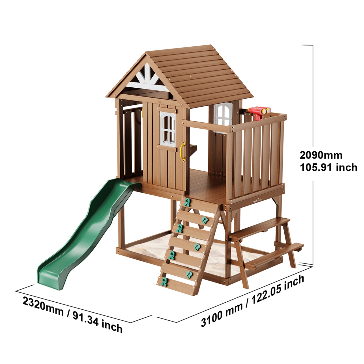 VEVOR Outdoor Wooden Playhouse, Modern Cedar Playhouse for Age 2-8 Years Kids, Games Cottage, Cedar Playhouse with Slide, Ladder, Climbing Wall,