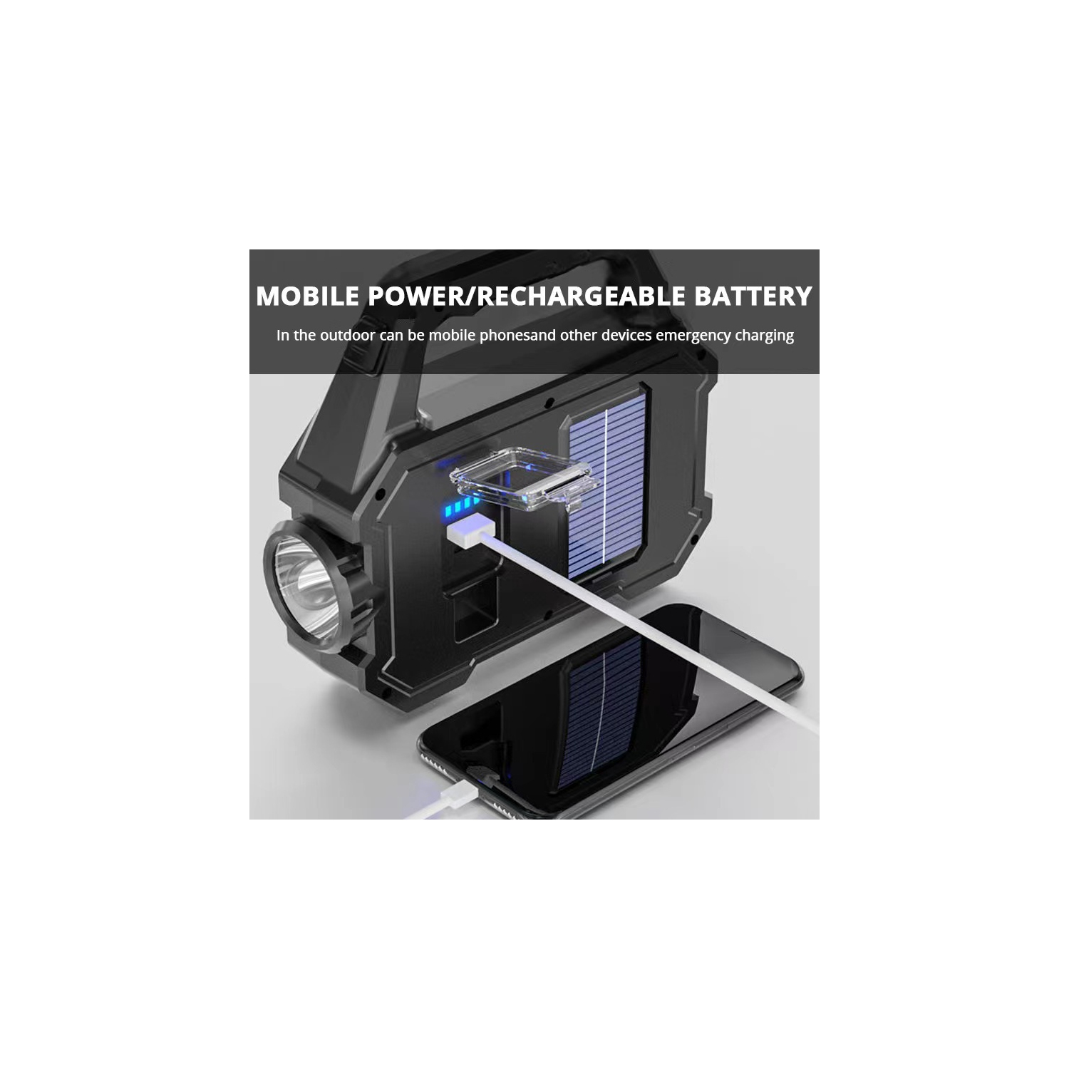 Lampe de travail solaire multifonctionnelle pour l'extérieur, lampe de poche LED, lampe de recherche rechargeable de type C, camping d'urgence