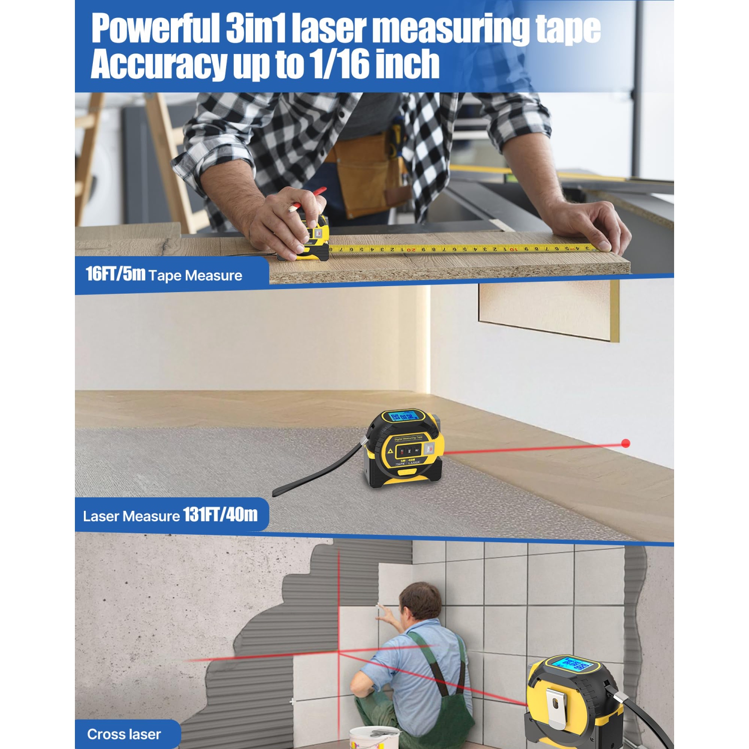 Ruban à mesurer laser numérique 3-en-1 avec affichage, outil de mesure laser rechargeable 131&nbsp;pi/40&nbsp;m, cadeau de la fête des Pères
