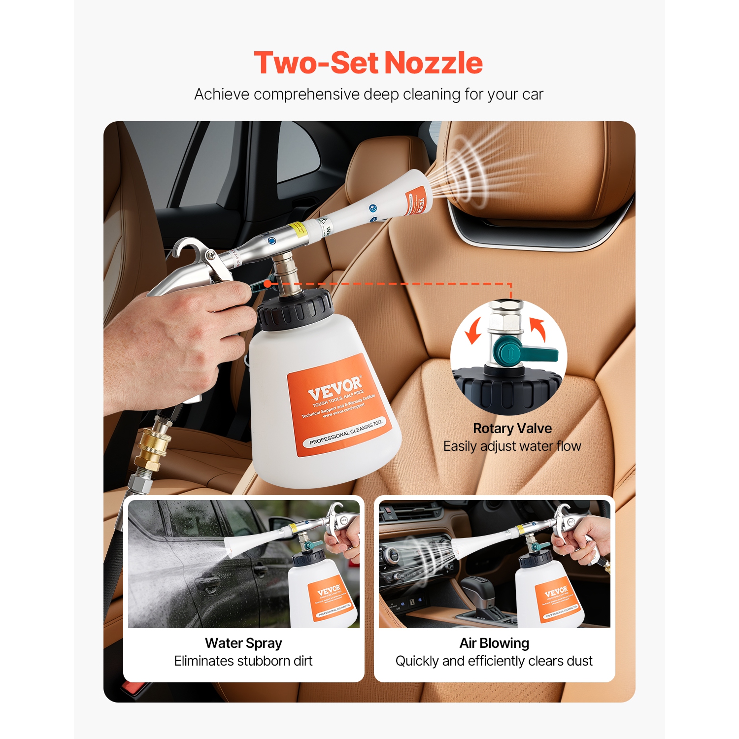 VEVOR 6-9.2 Bar Car Cleaning Gun, High-Pressure Air Blow Gun with 2 Set Nozzles & 1L Liquid Bottle, Vortex Cleaning Gun, Quickly Blasts Dirt , Work