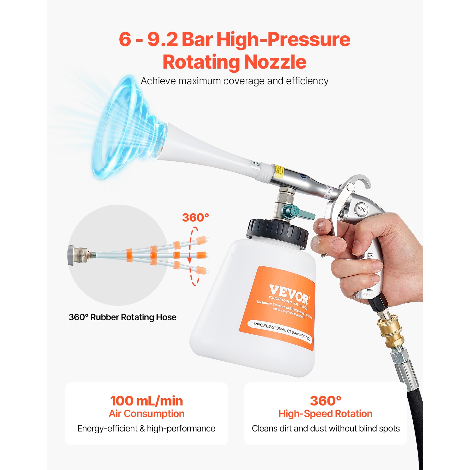VEVOR 6-9.2 Bar Car Cleaning Gun, High-Pressure Air Blow Gun with 2 Set Nozzles & 1L Liquid Bottle, Vortex Cleaning Gun, Quickly Blasts Dirt , Work