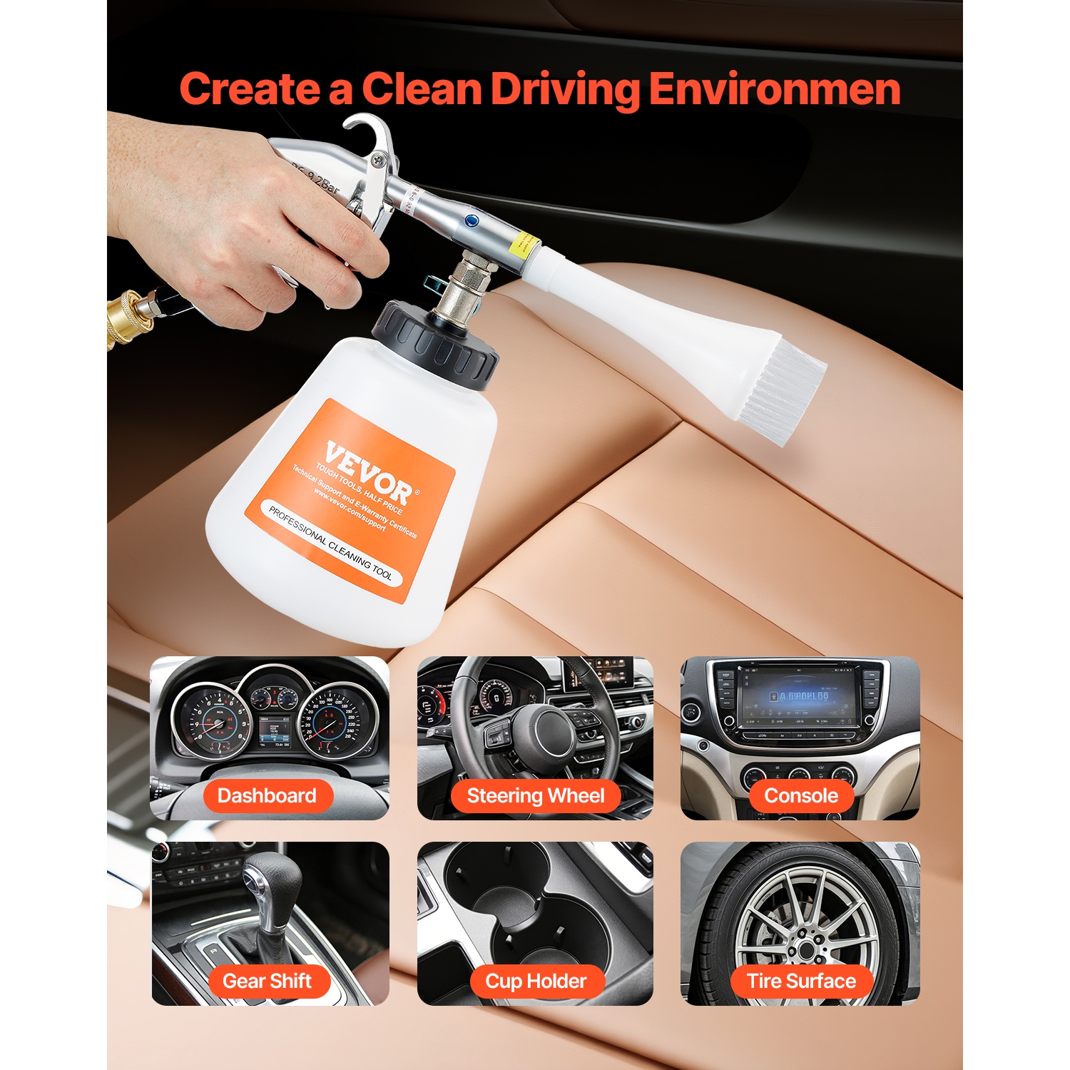 VEVOR 6-9.2 Bar Car Cleaning Gun, High-Pressure Air Blow Gun with 2 Set Nozzles & 1L Liquid Bottle, Vortex Cleaning Gun, Quickly Blasts Dirt , Work