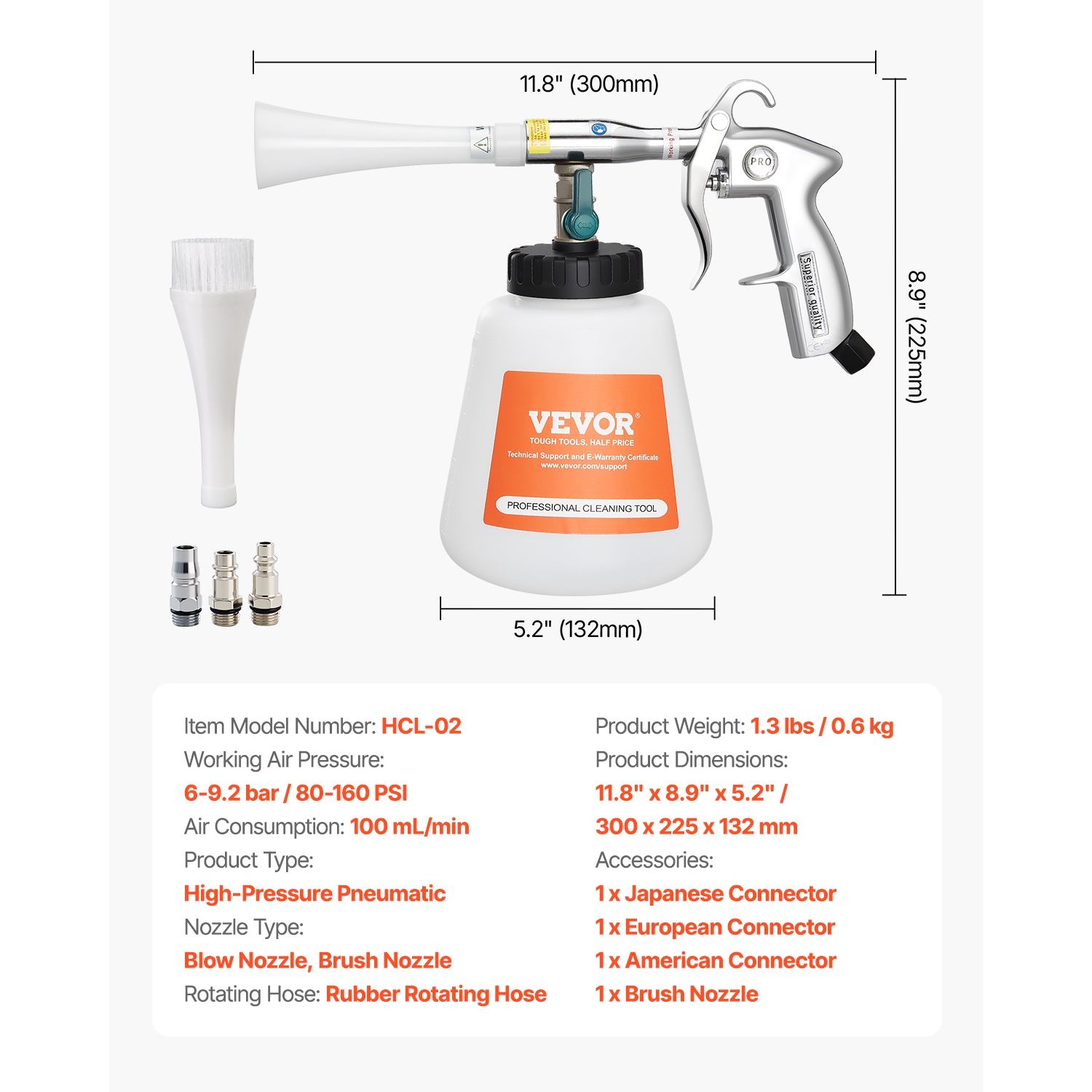 VEVOR 6-9.2 Bar Car Cleaning Gun, High-Pressure Air Blow Gun with 2 Set Nozzles & 1L Liquid Bottle, Vortex Cleaning Gun, Quickly Blasts Dirt , Work