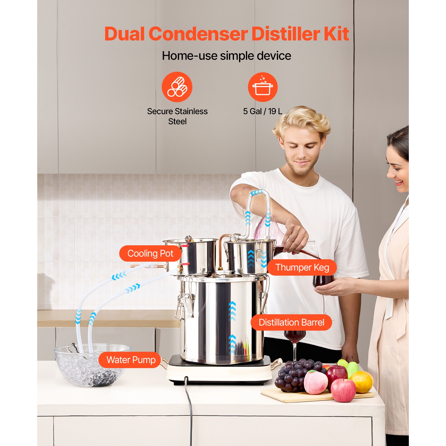 VEVOR 5 Gal / 19 L Alcohol Still, Stainless Steel Water Alcohol Distiller with Copper Coil for Fast Cooling, Dual Condenser Distiller Kit with